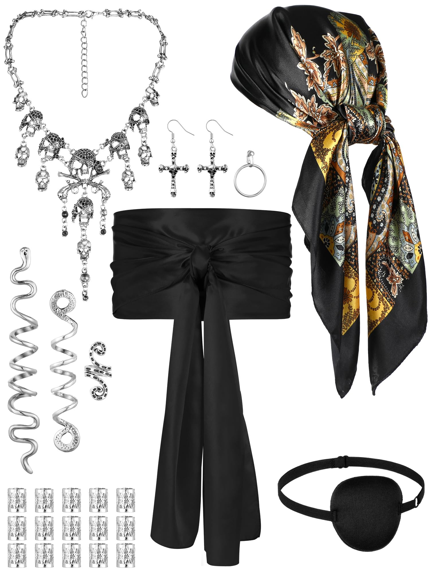 Remuuly Piratenkostüm-Zubehör für Damen, Piratenkopftuch, Schärpe, Gürtel, Augenklappe, Halskette, Ohrringe, Schlangen-Haar-Accessoire, 24 Stück