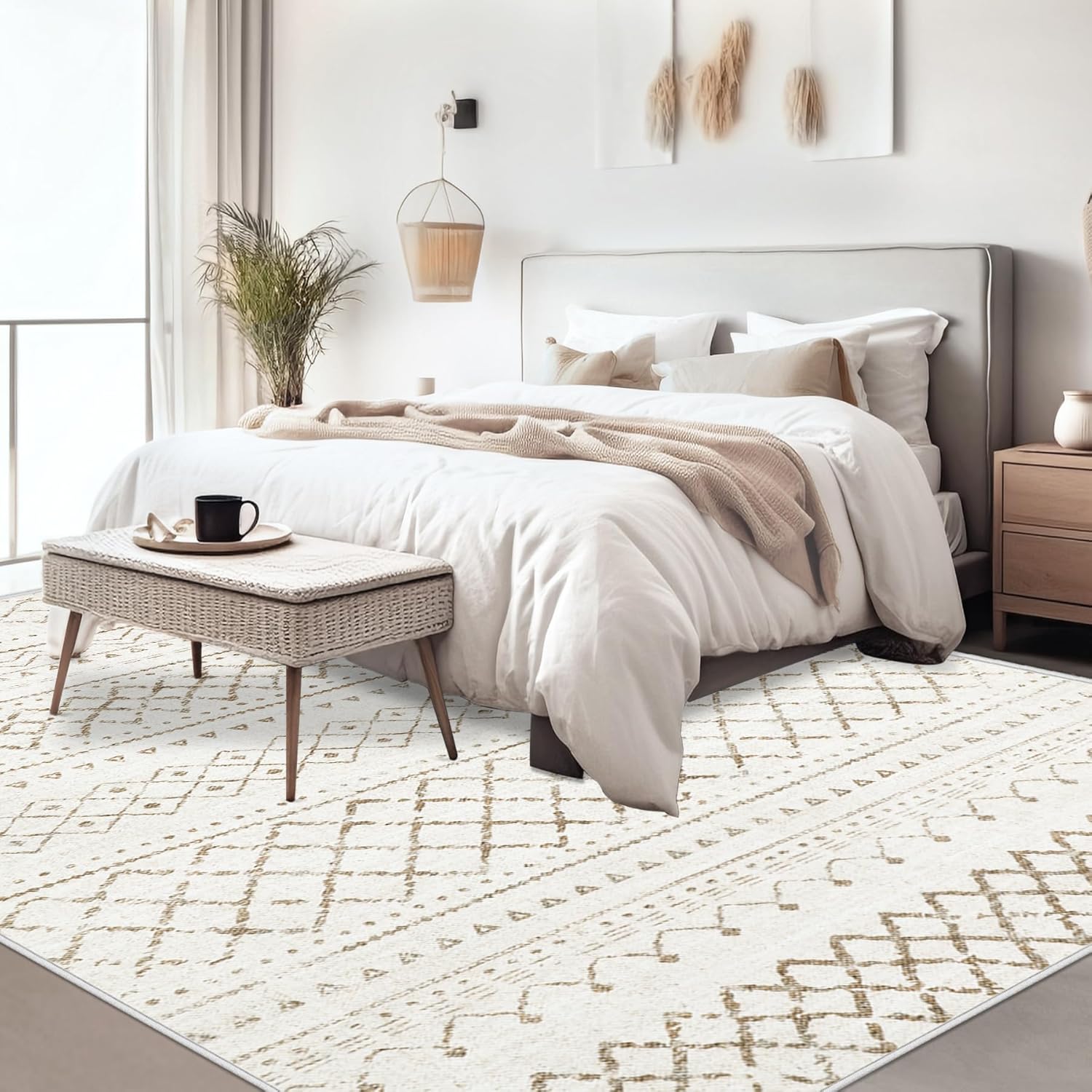 Area Rug Living Room Rugs 8x10 - Large Soft Boho Geometric Rug, Non-Slip Foldable Washable Rugs Non Shedding Morden Indoor Floor Carpet for Living Bedroom Office Dining Room (Brown,8' x 10')