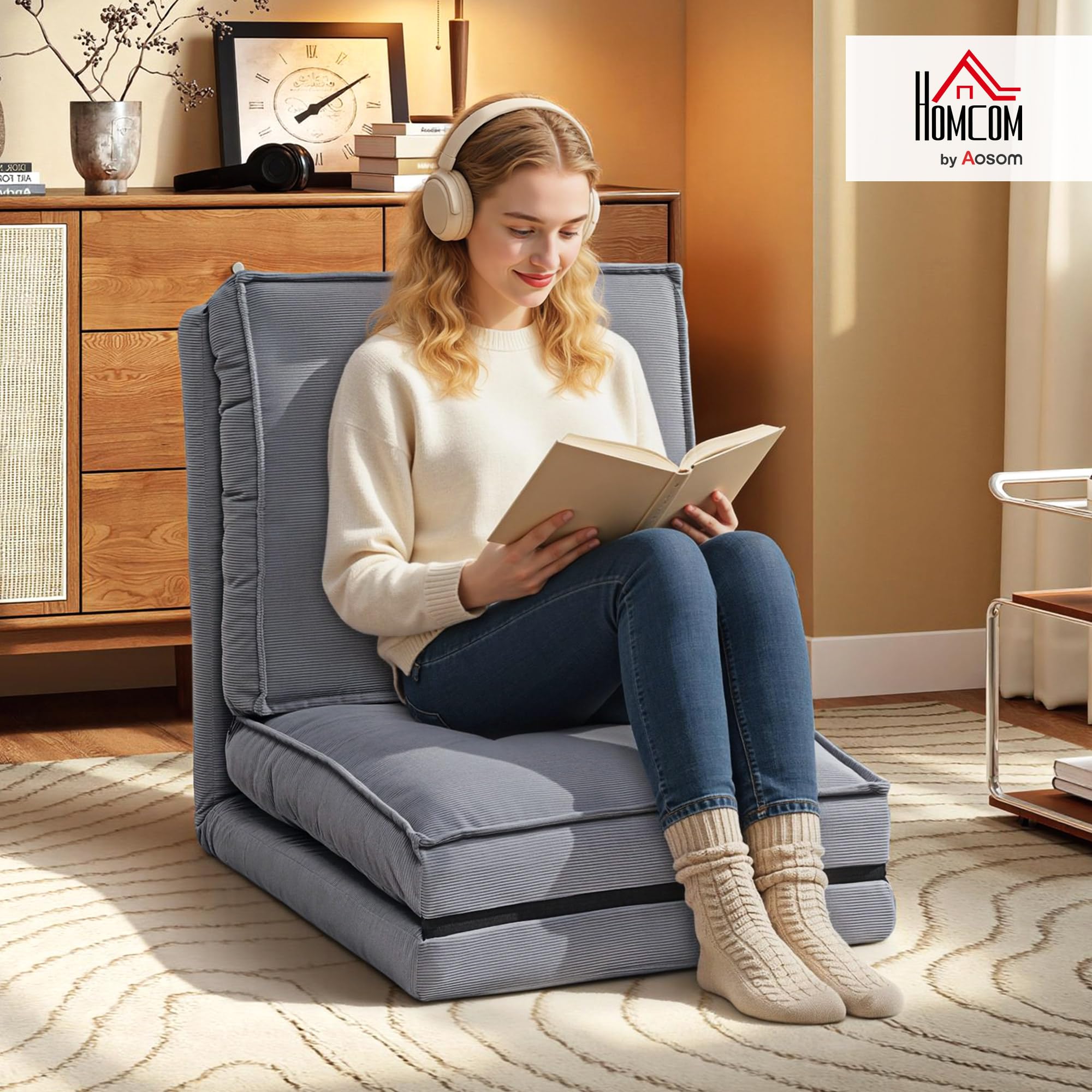 HOMCOM Sillón plegable de pana con colchón suave, respaldo ajustable en 5 posiciones, sofá cama acolchado para salón, oficina, dormitorio, 59 x 230 x 15 cm, color gris