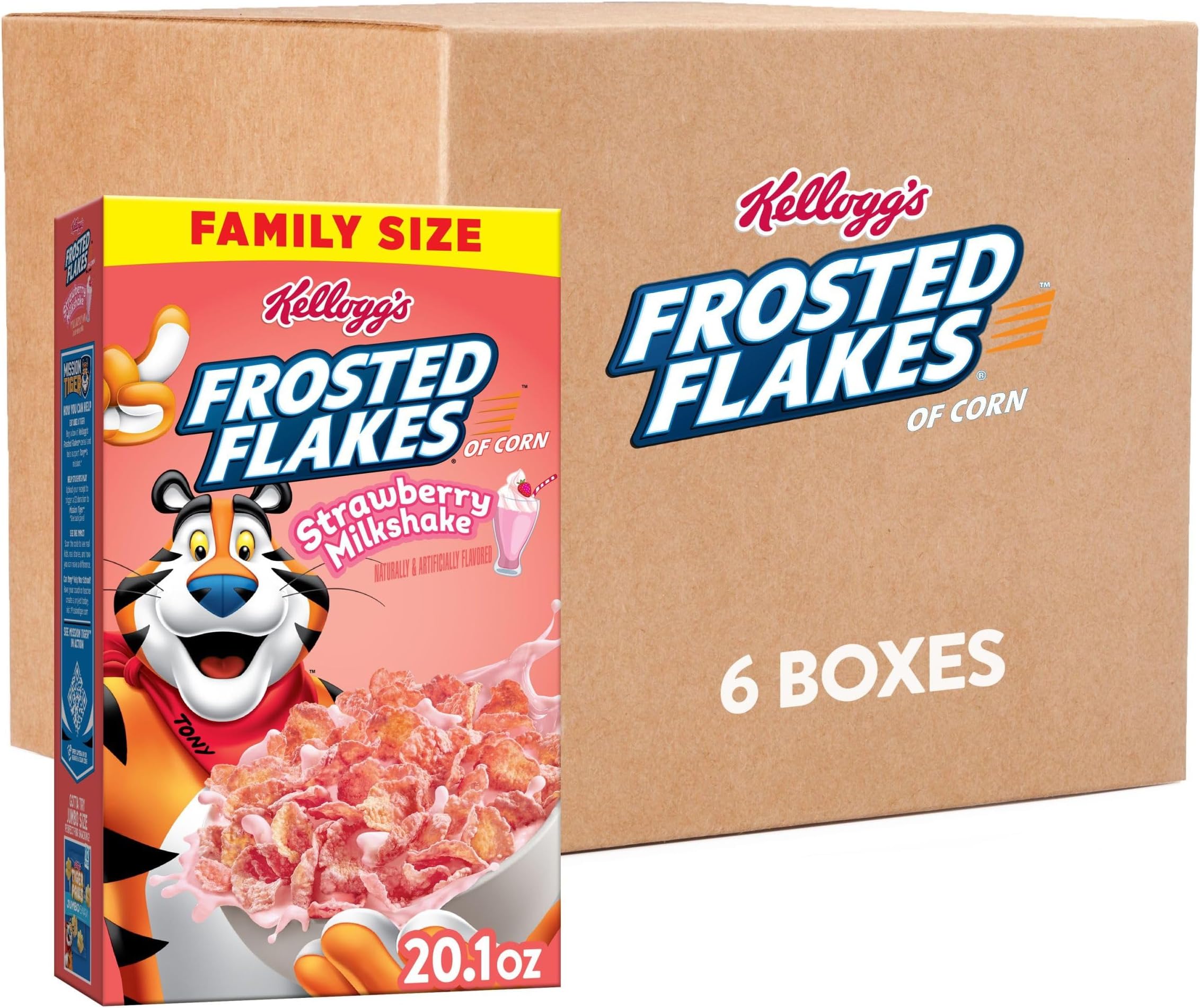 Kellogg's Frosted Flakes Breakfast Cereal, Kids Cereal, Family Breakfast, Family Size, Strawberry Milkshake (6 Boxes)