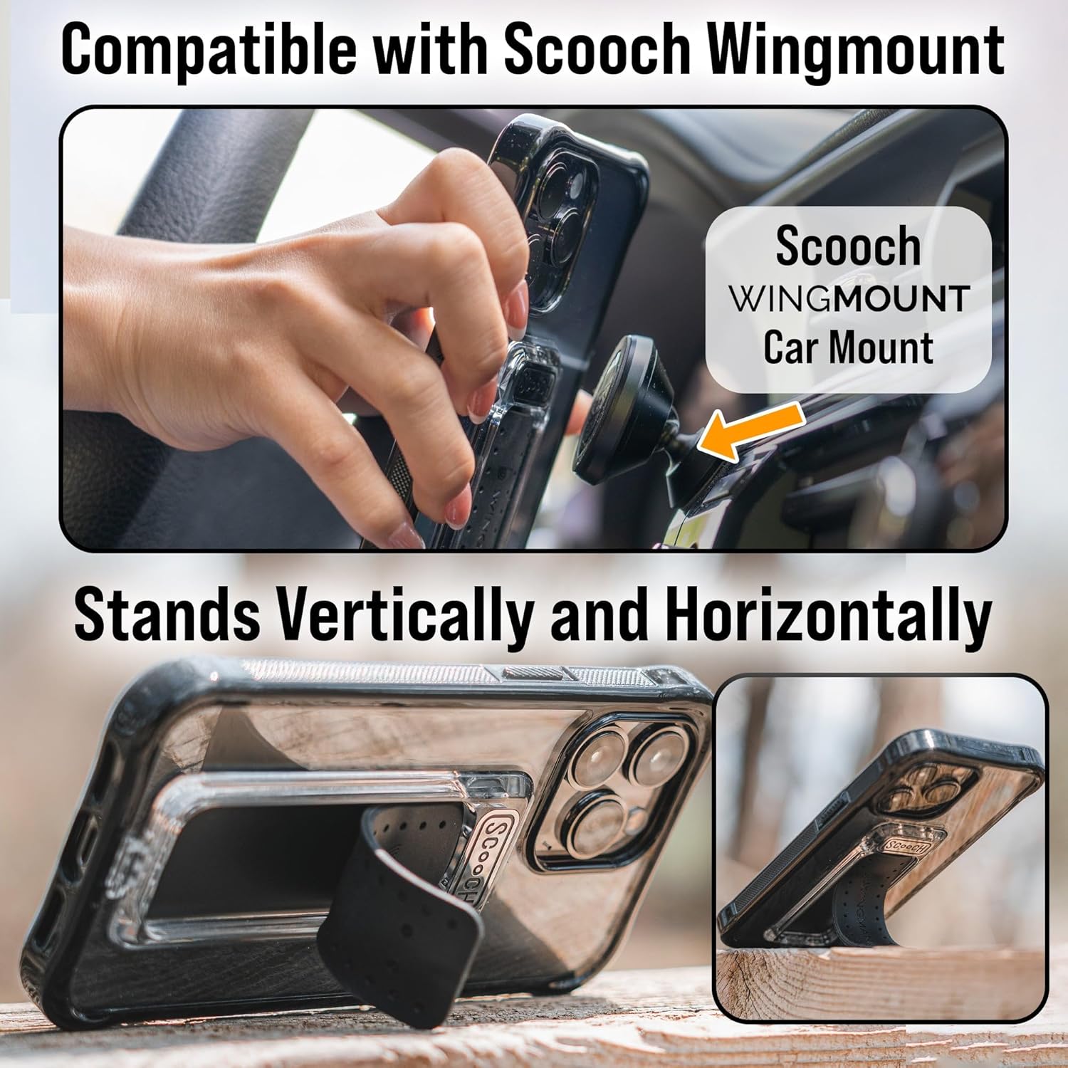 Scooch for iPhone 17 Case with Stand, Wingman 5-in-1 Kickstand Case, Military Grade Drop Protection, Pop-Out Kickstand, Grip, Car Mount, Tuxedo Clear