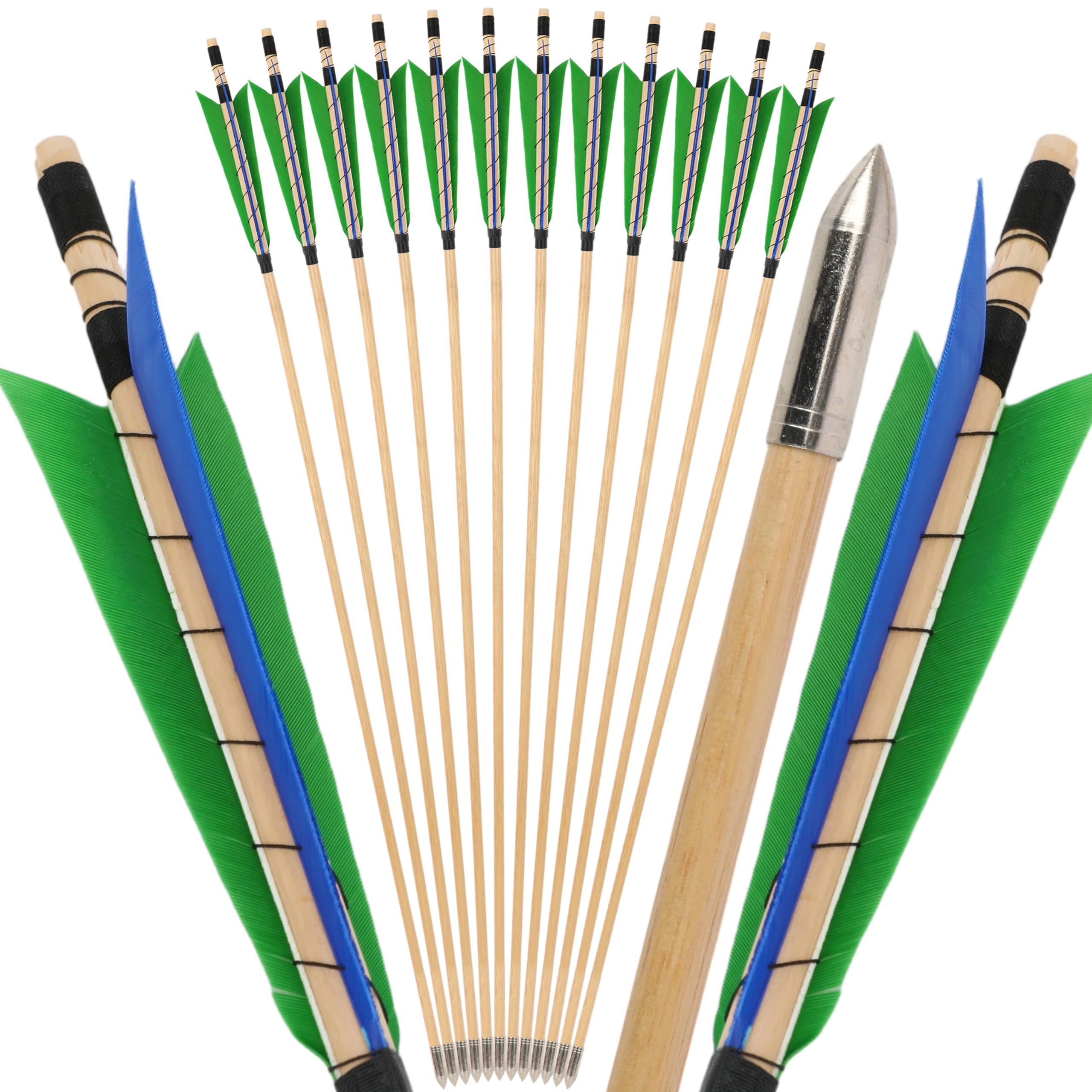 limaity 32" Archery Wooden Arrows Traditional Hunting Arrows with 5" Natural Feather Wooden Arrows for Recurve Bow Longbow (12PCS,2 Green 1 Blue — image 1