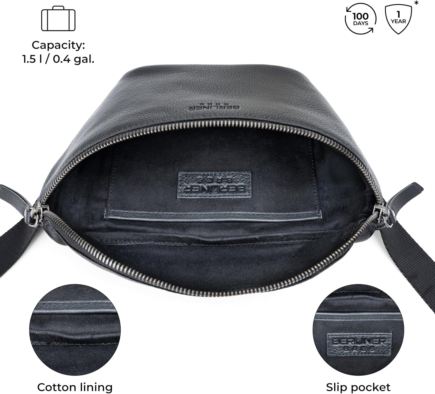 Berliner Bags Premium Genuine Leather Fanny Pack Noah, Belt Bag, Crossbody Sling Bag for Men and Women - Black - Image 4