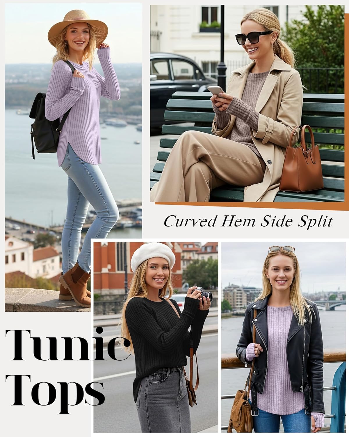 Riyiper 3 Pack Women's Long Sleeve Sweaters with Thumb Hole, Tunic Tops Ribbed Curved Hem Side Split Crew Neck Loose Shirts - Image 2