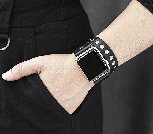 Miniatura 2 de stud Leather double wrap band strap compatible with Apple watch 38mm 40mm 41mm 42mm 44mm 45mm 49mm, Handmade UA 1820 (black + steel + 7.3-8.3 in +