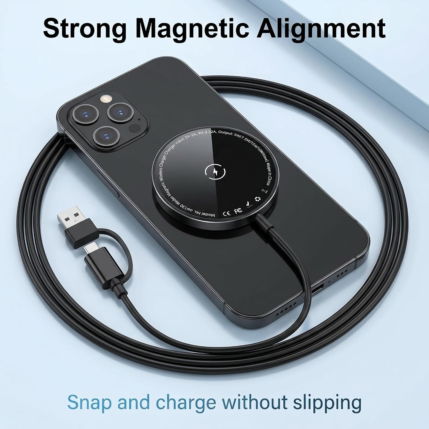 Magnetic Wireless Charger Pad, 15W Fast Charging USB-C Magnetic Charging Cable for iPhone 15/14/13/12 Series, Ultra Slim Portable Magnetic Charging Disc