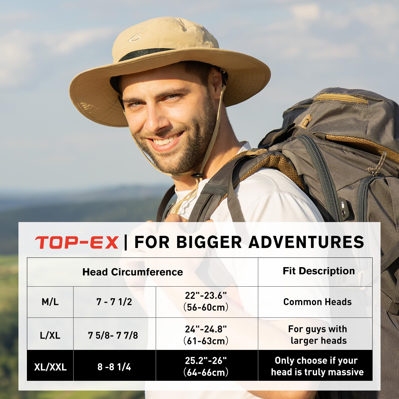 TOP-EX Sombrero de malla impermeable UV 50 de gran tamaño XL XXL para hombre, plegable, para playa, senderismo, pesca