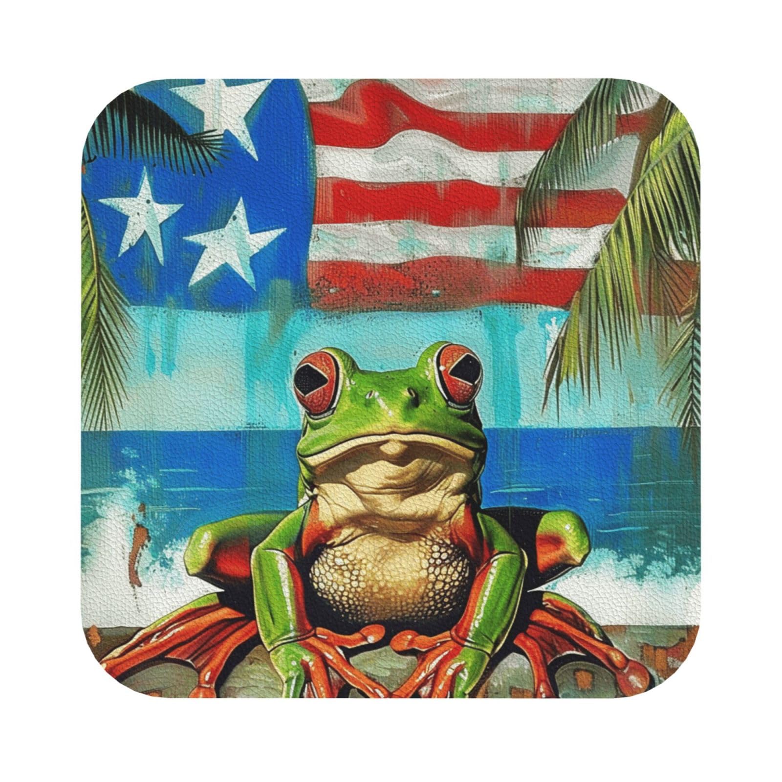 Puerto Rico Flag Frog Palm Trees Print Leather Coaster Set of 6, Square Coasters Table Decorative Coffee Cup Beverage Coasters Wine Beer Bar Coasters for Hot Drinks Table Protection
