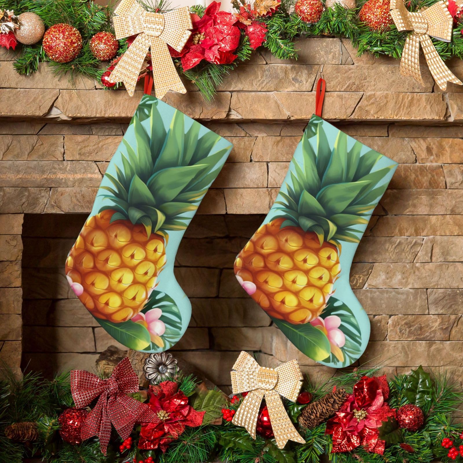 KLOPH Christmas Stockings 18" Personalized Xmas Stocking Tropical Pineapple Decoration Stocking Hanging Fireplace Stocking for Holiday Xmas Tree Christmas Fireplace Decor