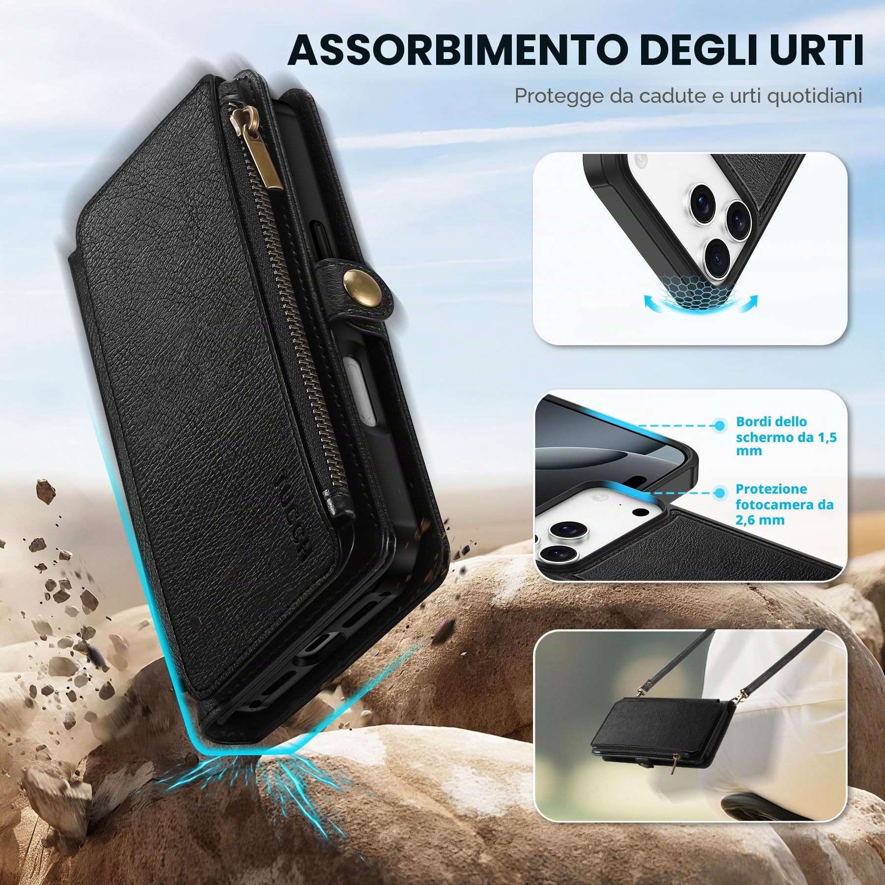 TUCCH Custodia per iPhone 17 Pro Max 6,9" 5G 2025, Nero Testurizzato | Blocco RFID, Portafoglio Pelle Sintetica, 10 Slot Schede, Scomparto Cerniera Tasca Contanti
