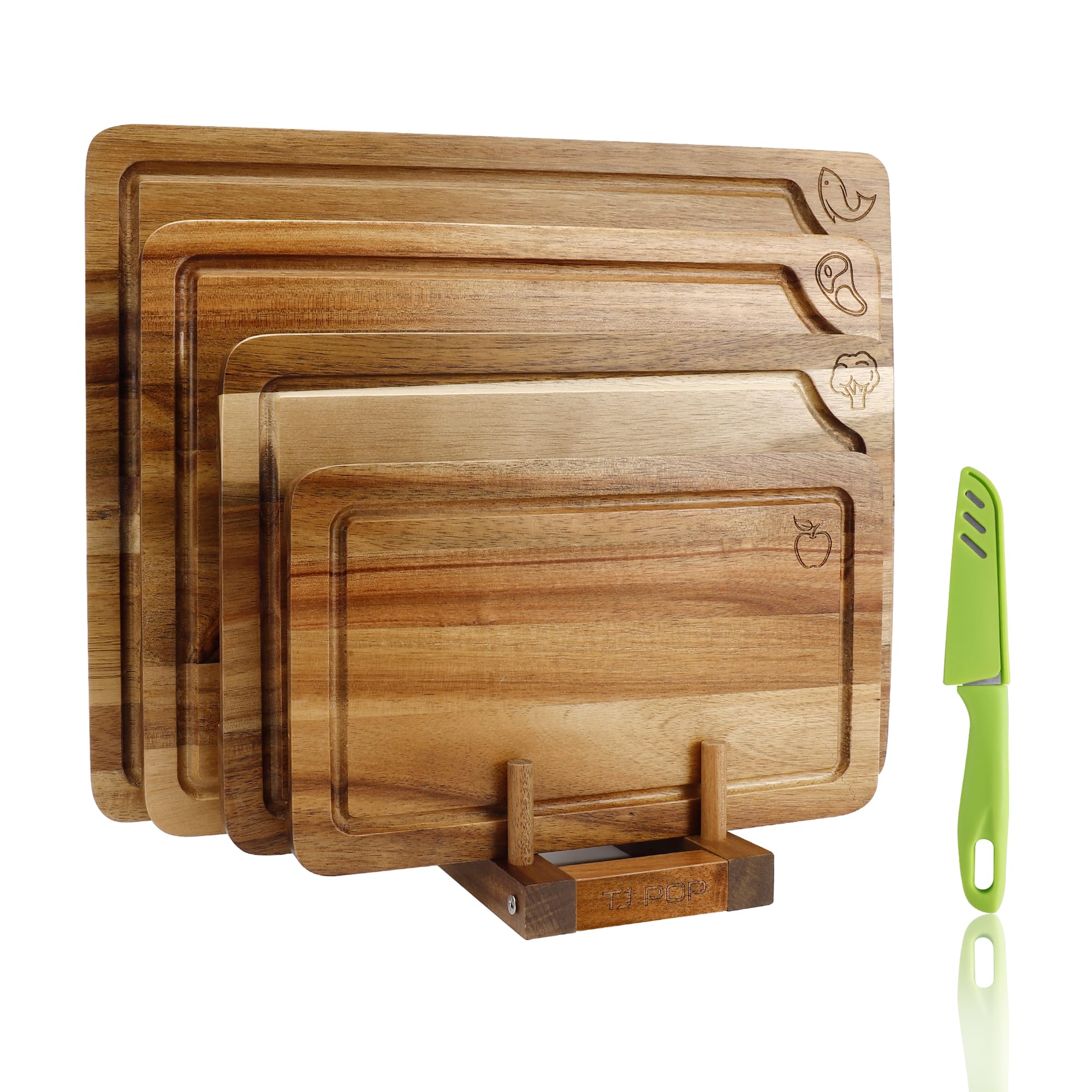 Acacia Wood Chopping Boards Set of 4 with Stand, Wooden Cutting Boards with Food Icons for Meat, Vegetables, Fruits, Cheese, Kitchen Cutting Board Set