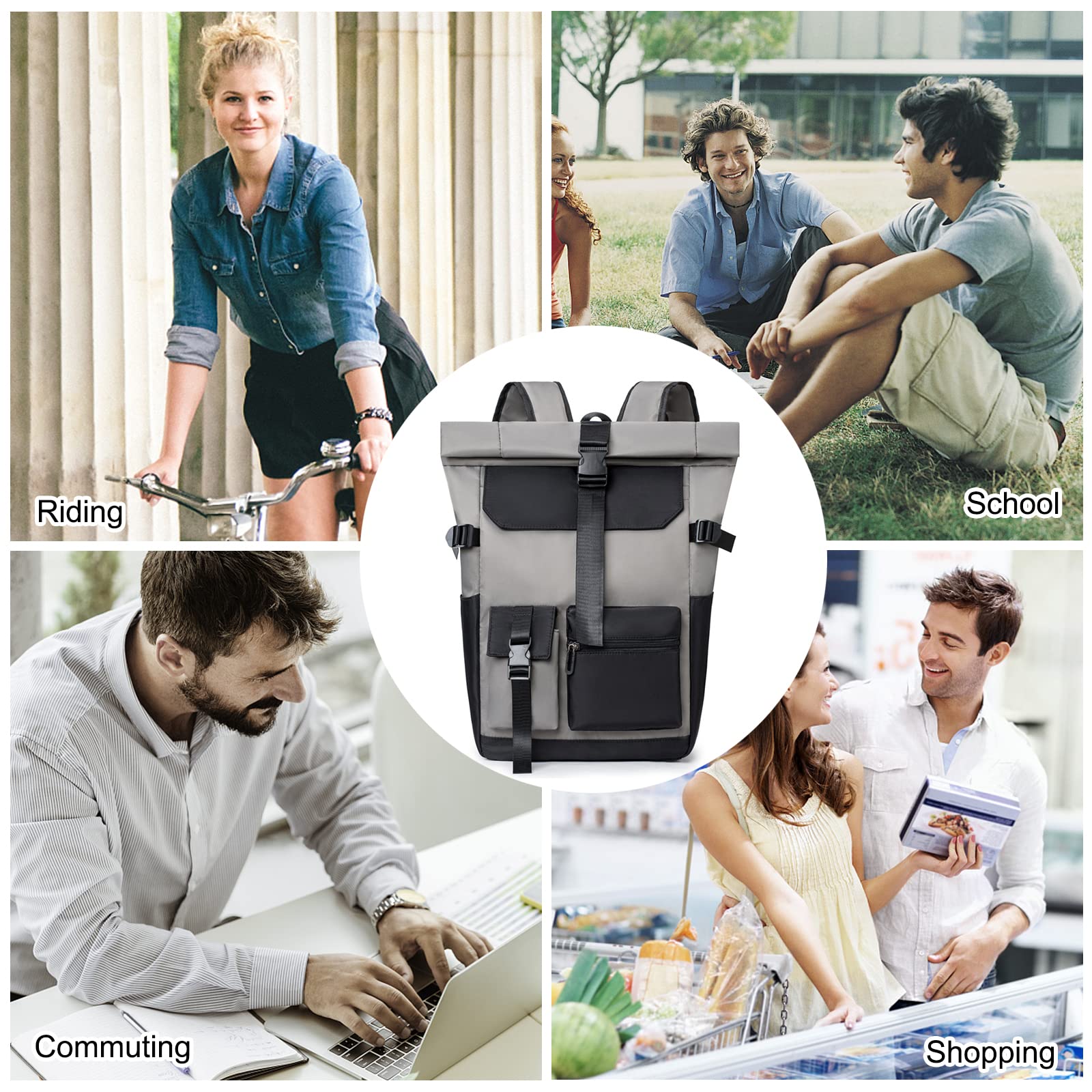 FANDARE Retrò Zaino Rolltop Ultraleggero Porta PC 15.6 Pollici, Zainetto per Scuola Università Viaggio Lavoro, da Uomo Donna - Grigio Scuro