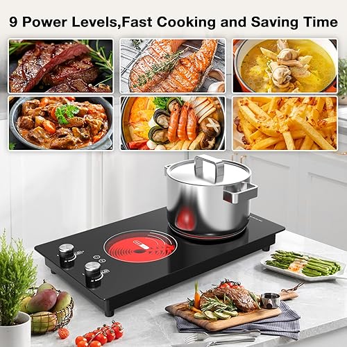 Miniatura 8 de VBGK Cocina eléctrica de 2 quemadores, 3000 W integrada y encimera con 9 niveles de calefacción, temporizador y bloqueo de seguridad para niños,