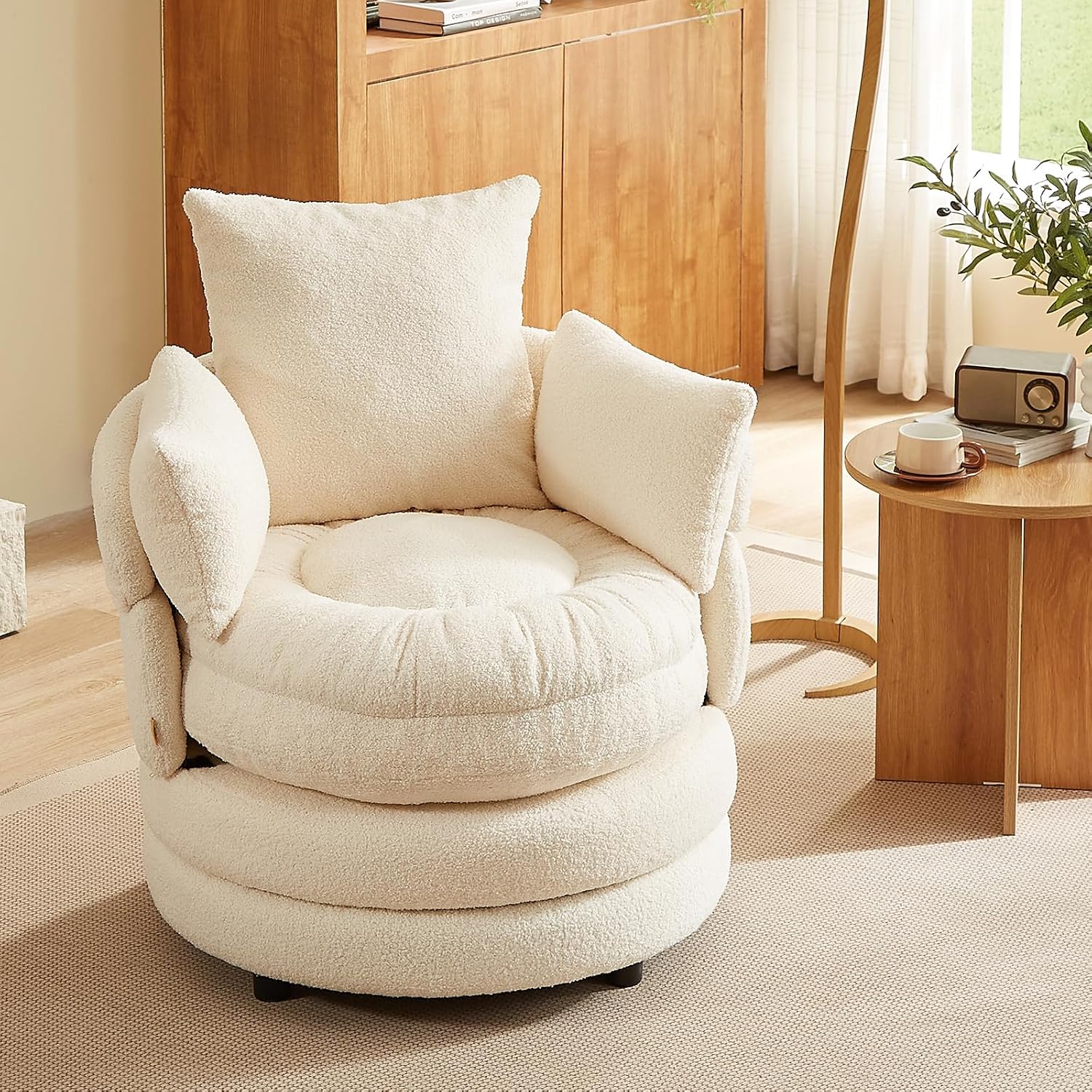Pinmoco Swivel Barrel Chair, Teddy Velvet Round Accent Chair with 360° Rotating Base, Extra Large Comfortable Living Room Reading Chair, Off-White