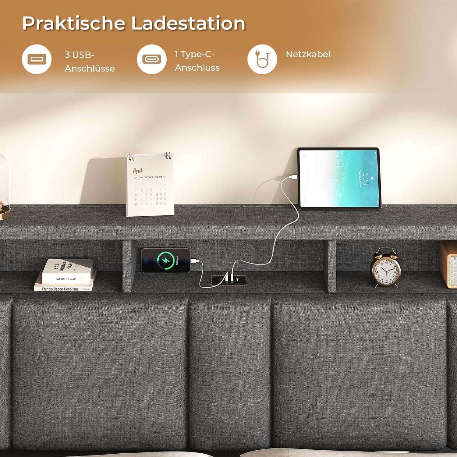 AOGLLATI Letto Matrimoniale Contenitore 140x190 cm con Sollevamento Idraulico, Letto Imbottito con Illuminazione a LED e Stazione di Ricarica, Struttura Letto con Testiera Imbottita, Grigio Scuro
