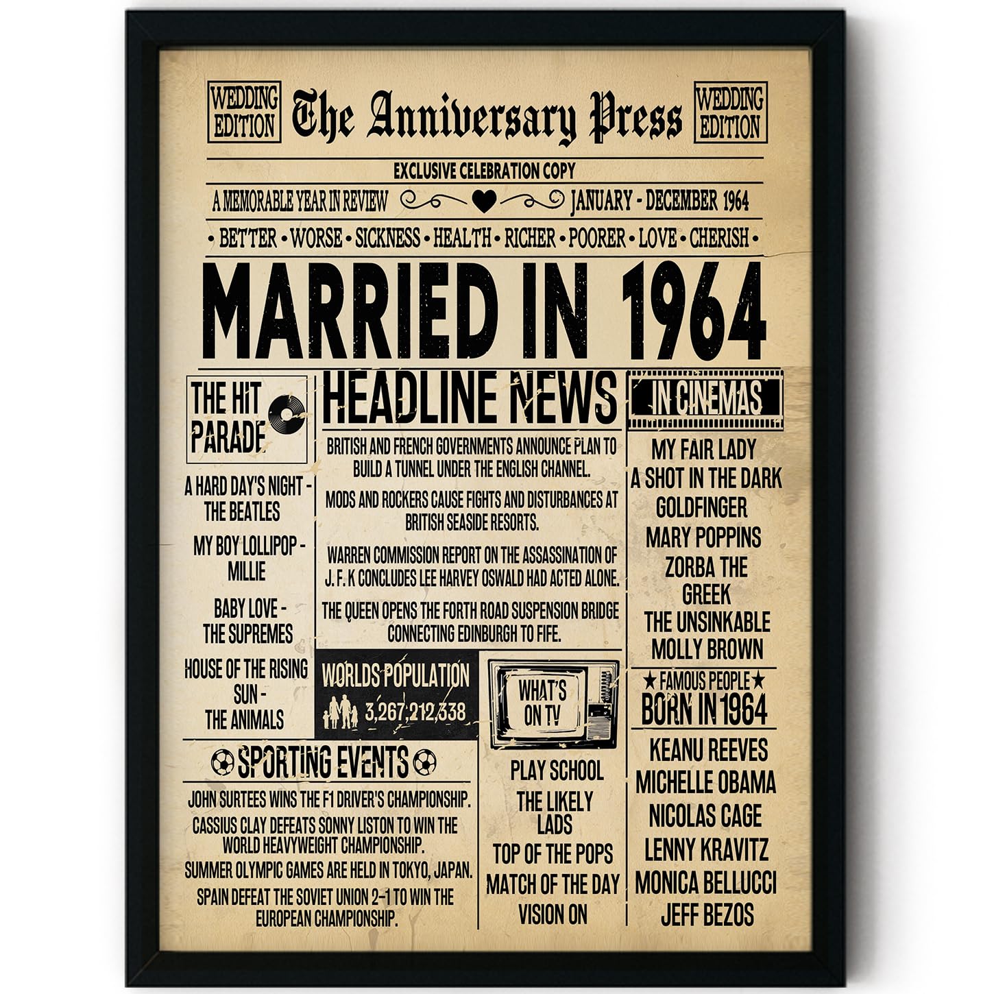 Stuff4 62nd Anniversary Poster Framed, Married In 1964 Newspaper