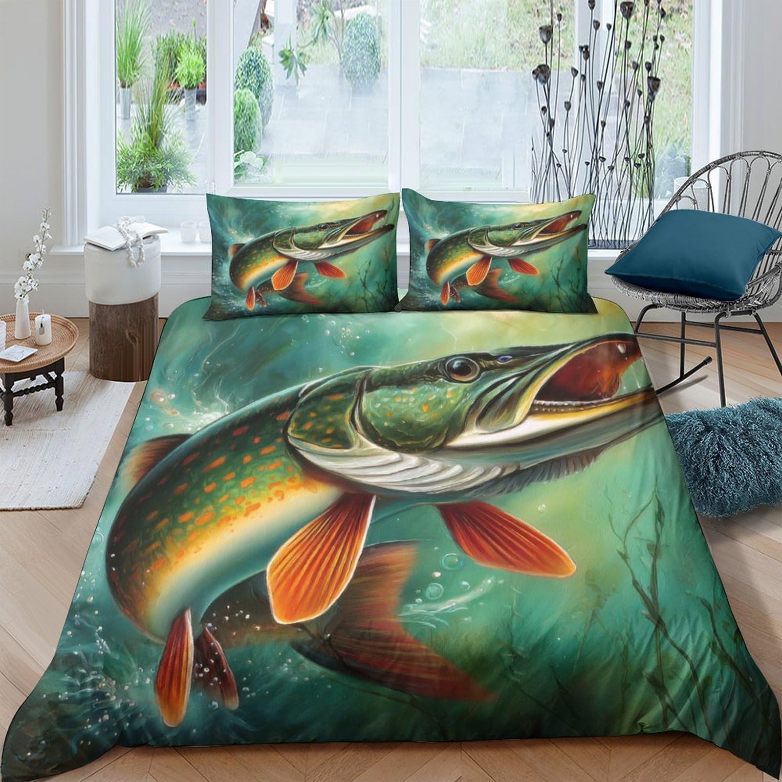 Ctjqhvkz Style-3 3D Printed Pike Fish Fitted Sheet Microfiber Anti-Slip Bedroom Decor Trout Bed Cover Washable For Home Guest Room Single（135X200cm）