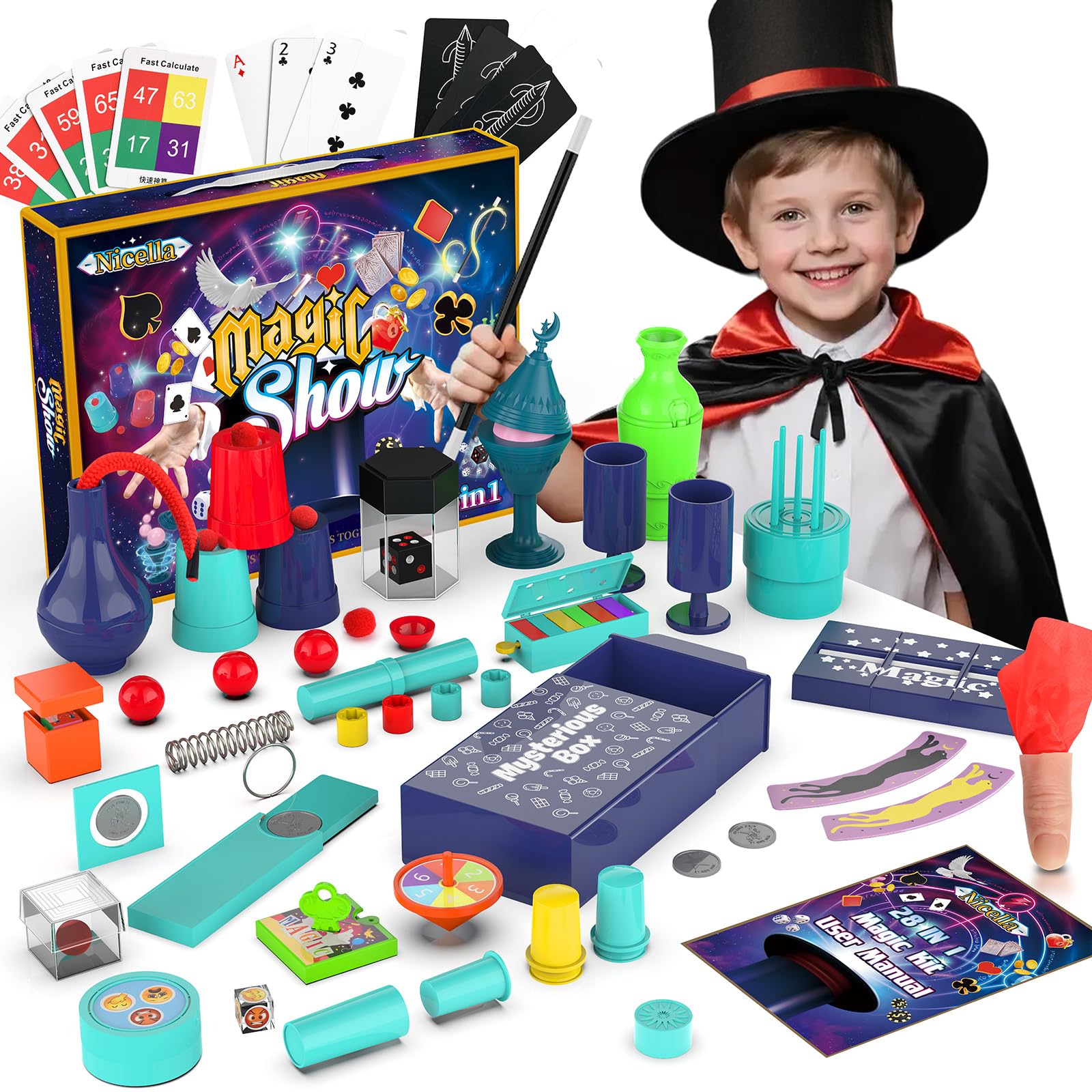 Magic Kit - 208+Magic Tricks for Kids Age 6-8, Magic Set with Manual and Video for Beginners and Kids, Christmas Halloween Birthday Gifts Toys for Ages 6 7 8 9 10 11 12 Years Old Boys Girls