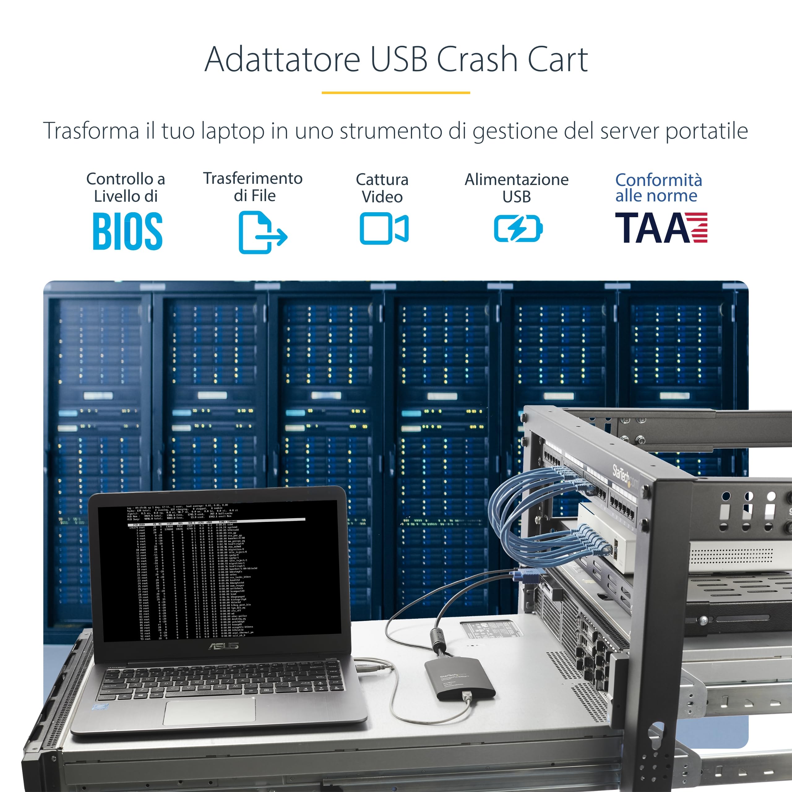 StarTech Adattatore Crash Cart Portatile, Console KVM USB/VGA (NOTECONS02) | Trasferimento file integrato, Ideale per laptop, Console portatile USB 2.0, Accesso diretto ai server