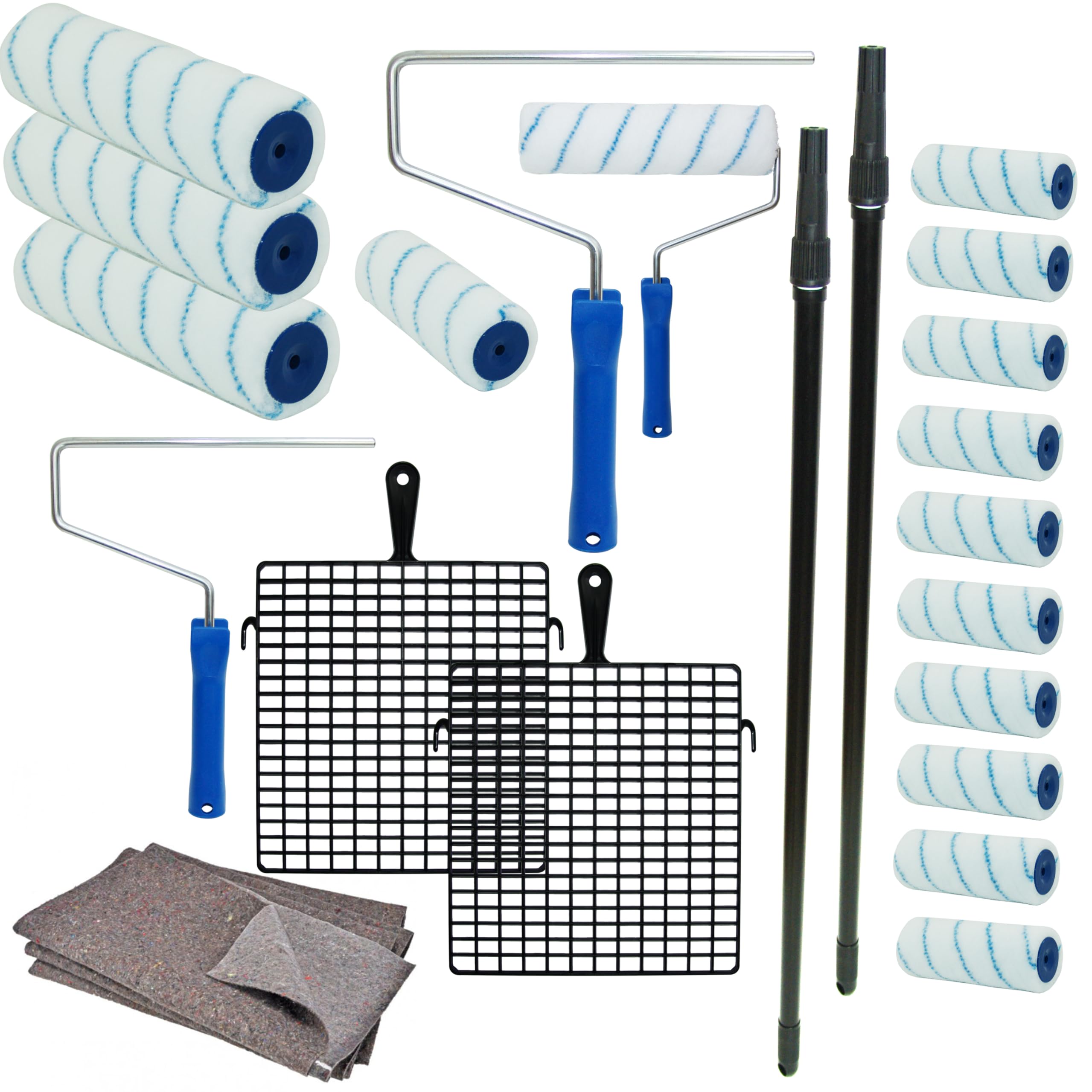 Maler-Set Wandfarbe Farbroller Farbrolle Malerwalze Teleskopstange Abstreifgitter 22 Teile - SET für zwei Personen, ideal für eine Renovierung zu zweit zum Streichen der Wohnung