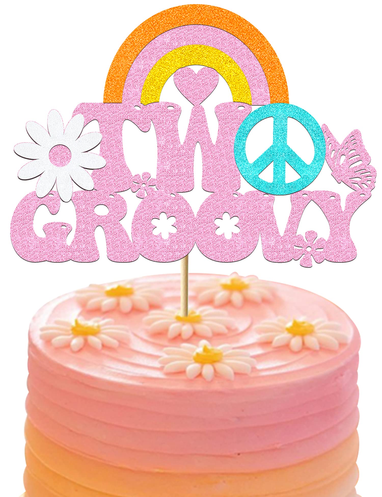 Two Groovy Cake Topper Two Groovy Cake Decorations Glitter Pink Groovy Theme Second Happy Birthday Decorations for 2nd Birthday Girl Boy Baby Shower Retro Boho Rainbow Hippie Daisy Party Supplies