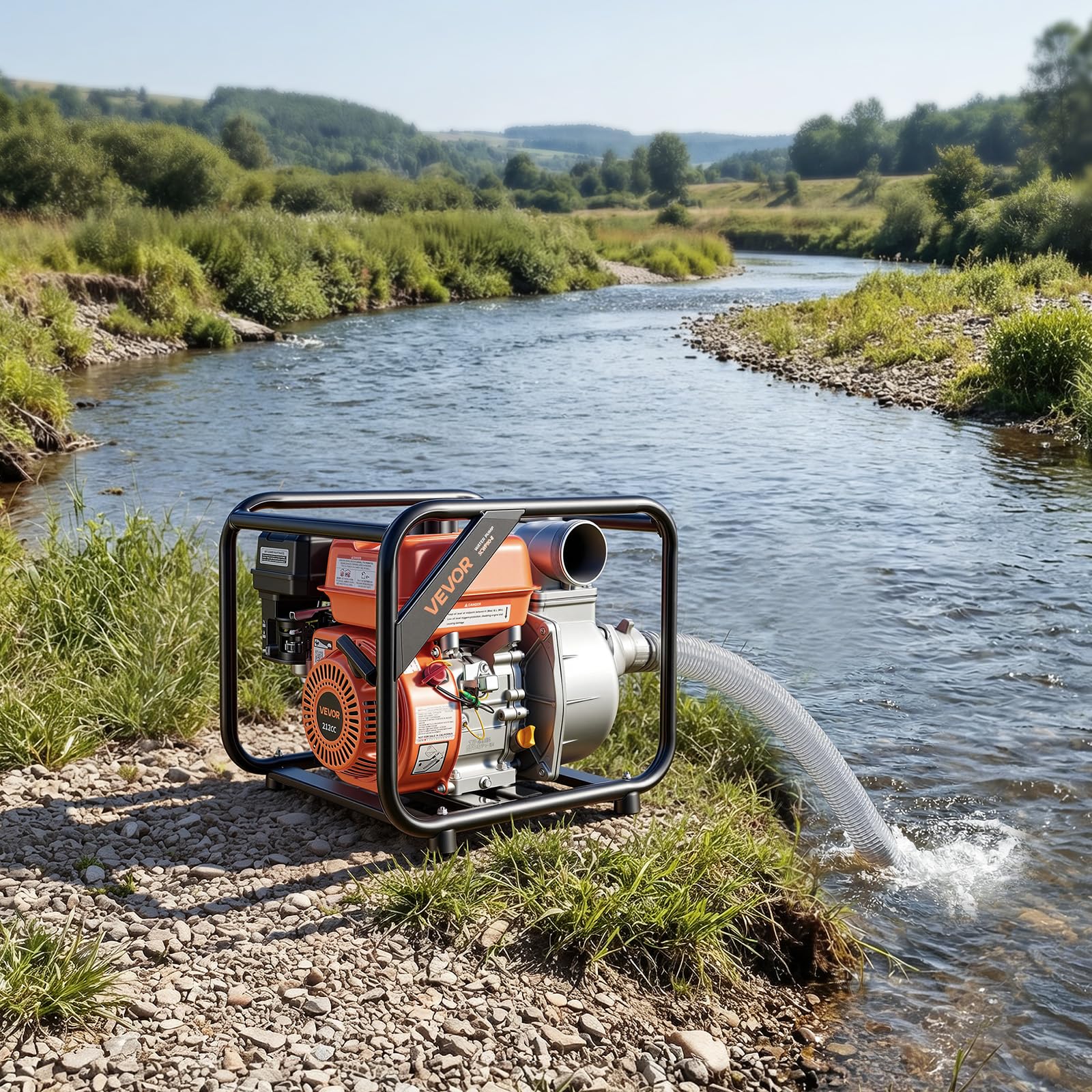 VEVOR Pompa Acqua a Benzina, Motopompa per Irrigazione Prato Laghetti Piscina Giardino 59960 L/H, Trasferimento Acqua 7 CV, Pompa Acqua con Motore a Benzina Tubo 7,6m Dimensioni Porta 76,2 mm