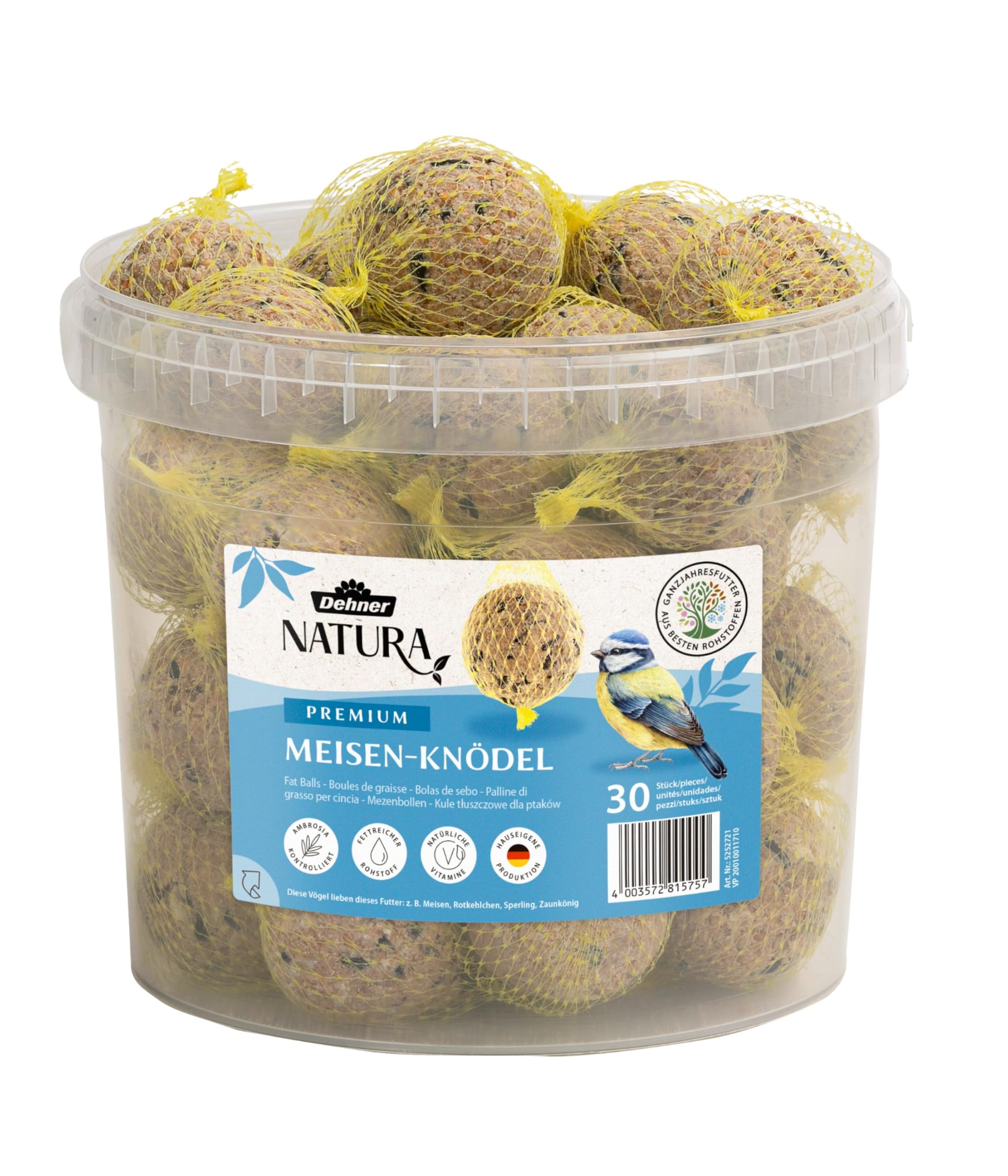 Dehner Natura Mangime per uccelli selvatici palline cinciallegre con rete 30 pezzi 2,7 kg