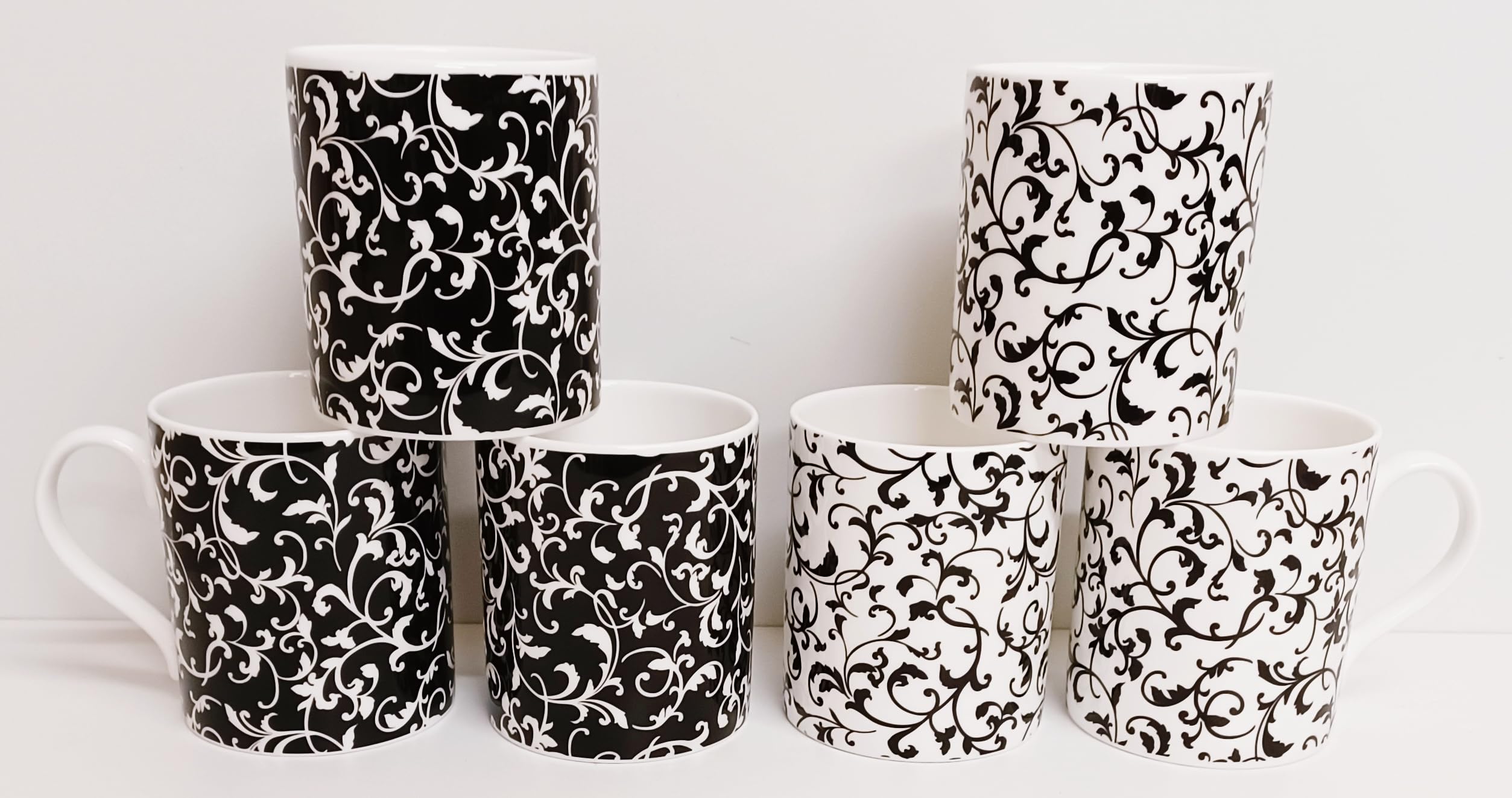 Weneckie czarno-białe kubki z porcelany kostnej duże balmoralne 414 ml 400 ml kubki wirowe i liście ręcznie dekorowane w Wielkiej Brytanii