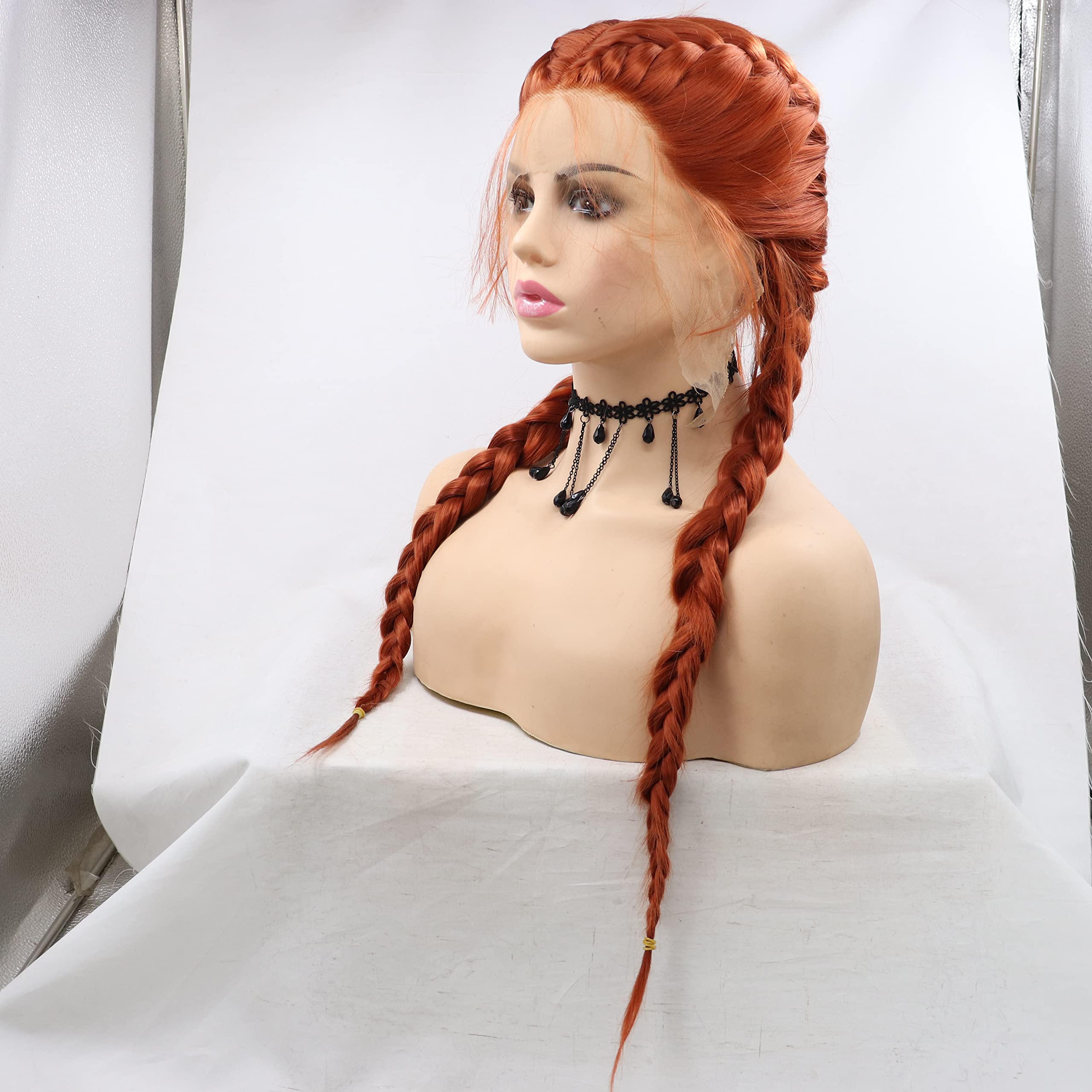 Xiweiya Copper Red Lace Wig with Double Braids Synthetic Lace Braided Wig with Baby Hair Heat Resistant Fiber Middle Part for Women - Image 2