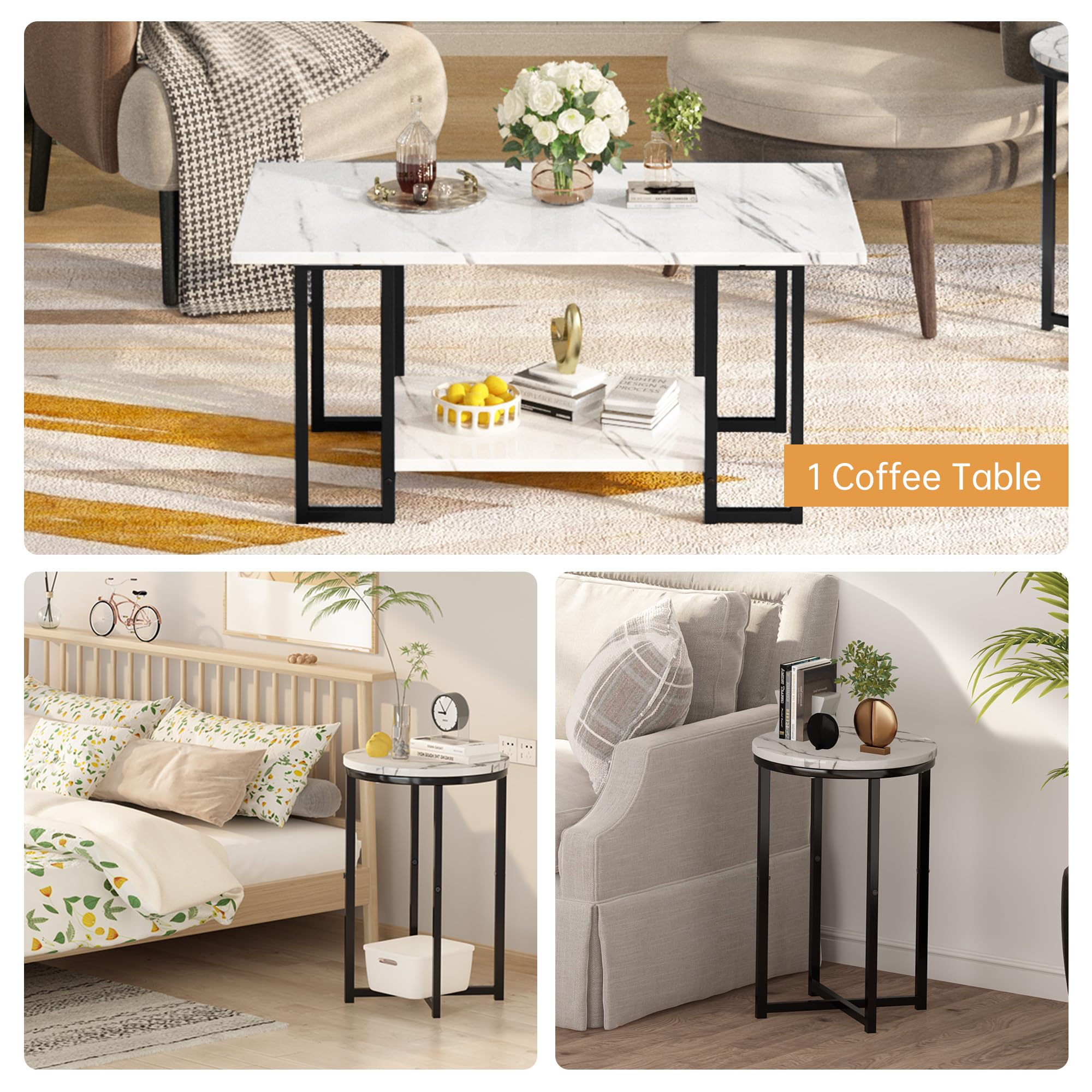 Coffee Table Faux Marble Set 3-Piece (White Metal Frame) Marble