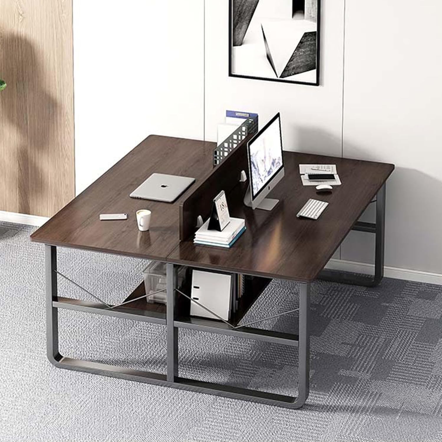 WLCNYL Home Office Desk With Shelves For 2/4 Employees – Wood Computer Desk With Large Desktop, Cable Holes – Sturdy Steel Frame, Storage Shelf – Ideal For Gaming, Bedroom