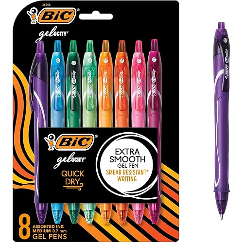 BIC Gelocity Quick Dry Assorted Colors Gel Pens, Medium Point (0.7mm), 8-Count Pack, Retractable Gel Pens With Comfortable Full Grip
