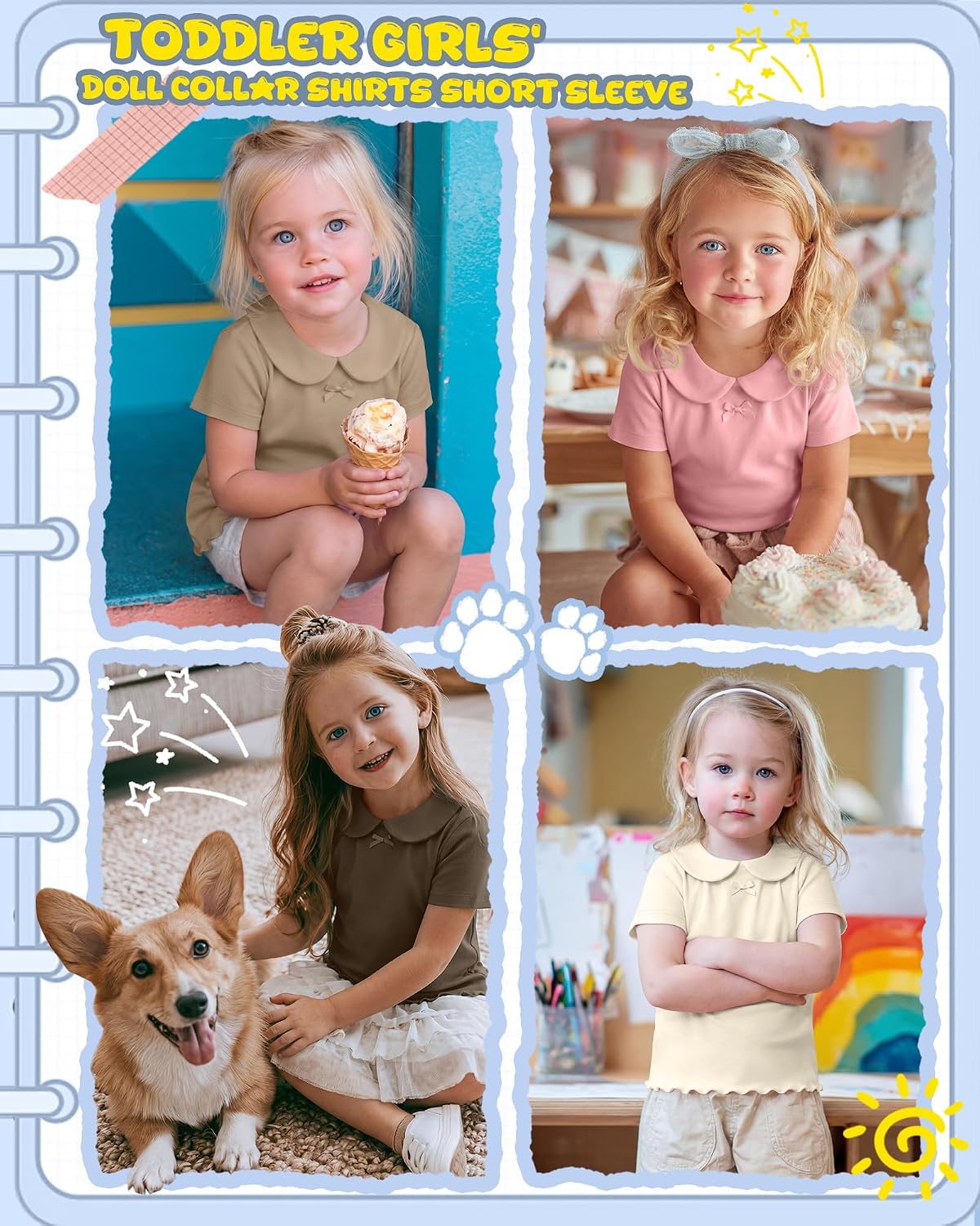 4 Pack Toddler Girls' Collar Shirts Short Sleeve Bow Tops Lettuce Trim Color Tshirts Casual Basic Baby Kids Tees