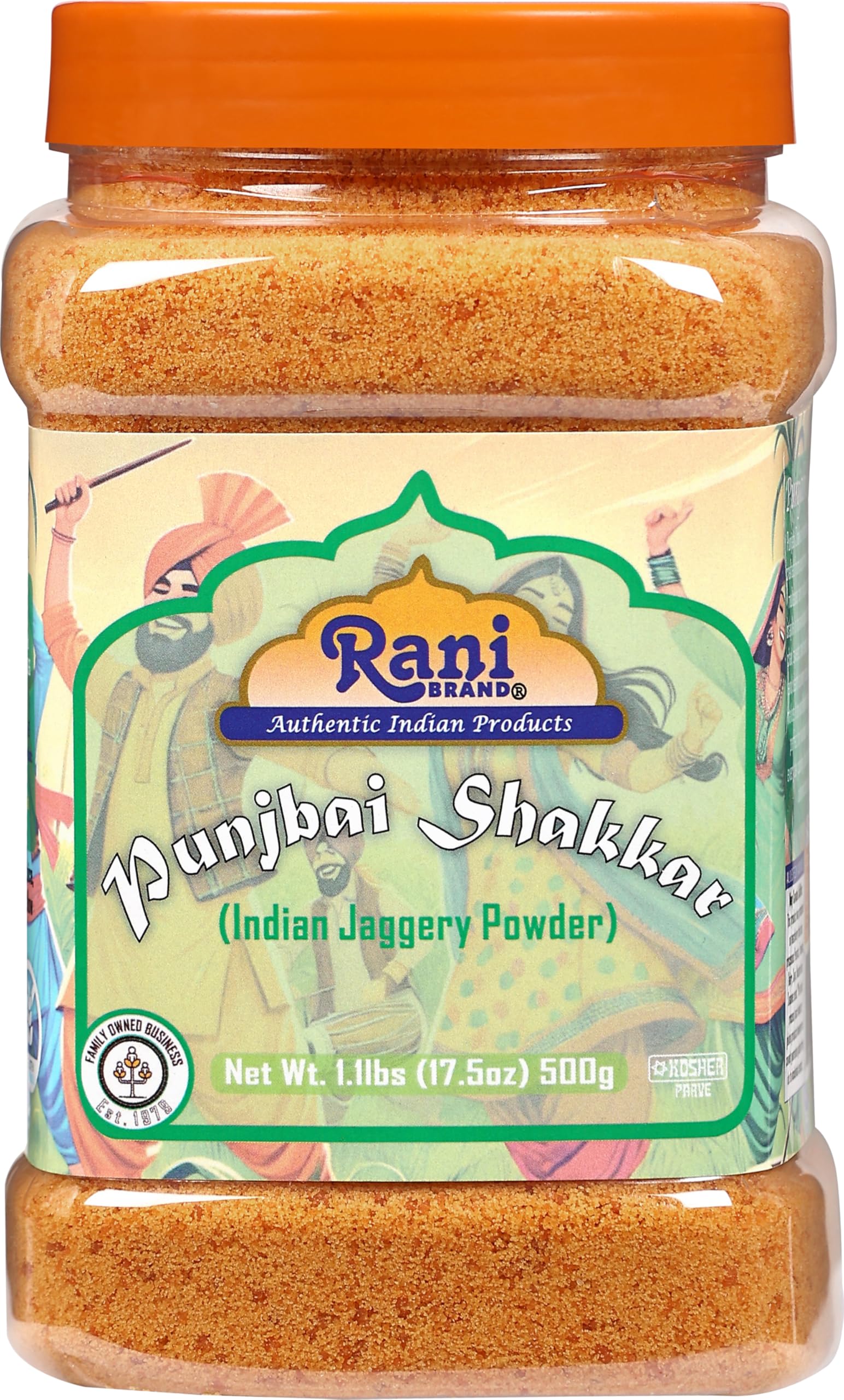 Rani Punjabi Shakkar (Polvere di Gur Jaggery) Zucchero di Canna Grezzo Indiano 17.5oz (1.1lbs) 500g Vaso in PET ~ Glutine Amichevole | Vegano | NON OGM | Senza Sale o Riempitivi | Prodotto Indiano