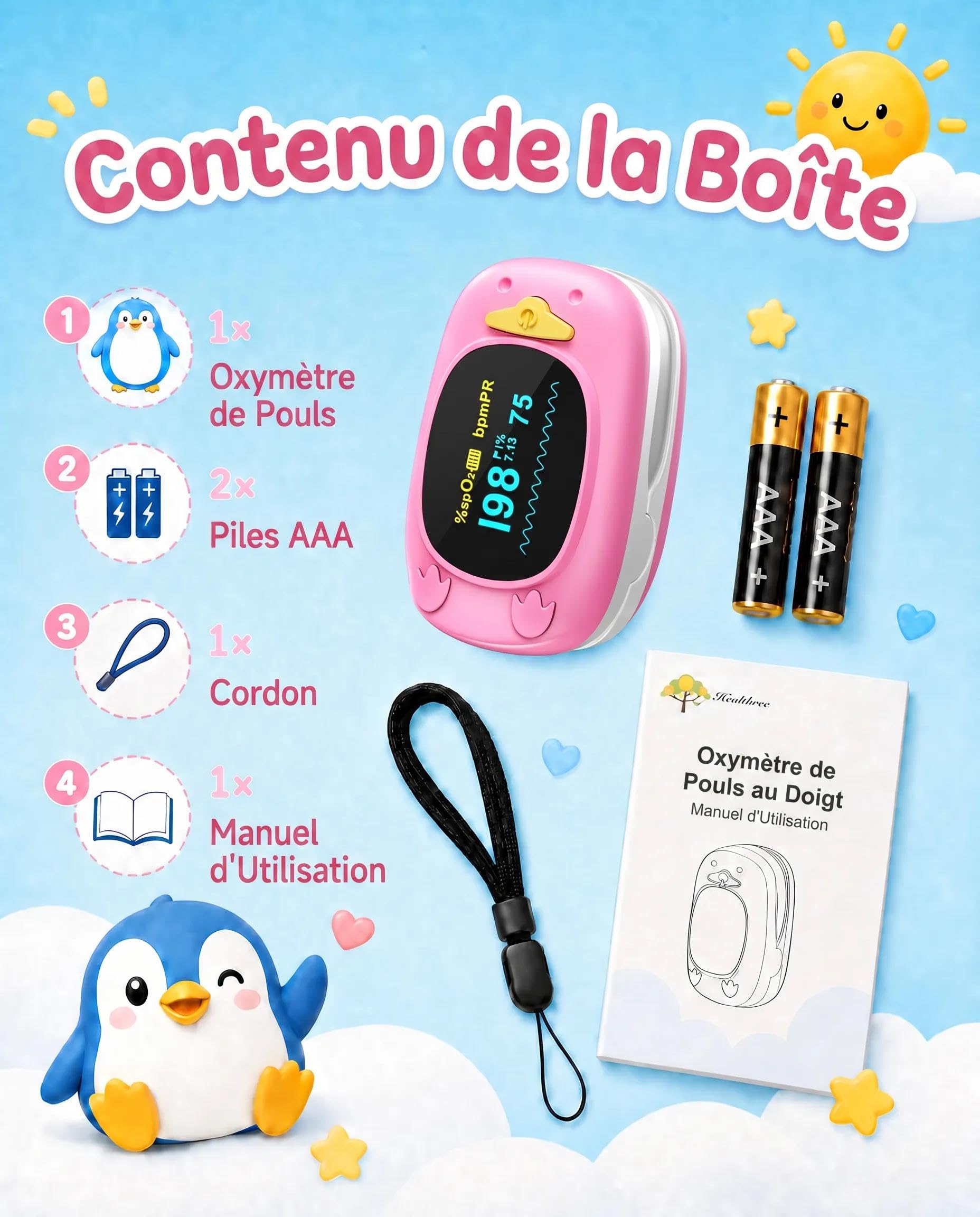 HealthTree 50A Oxymètre de Pouls Enfants, Saturomètre Pédiatrique Digital | Écran OLED Mesure 8-10s Saturation Oxygène(SpO2), Fréquence Cardiaque et PI, pour Maison Voyage (Batterie et Cordon Inclus)