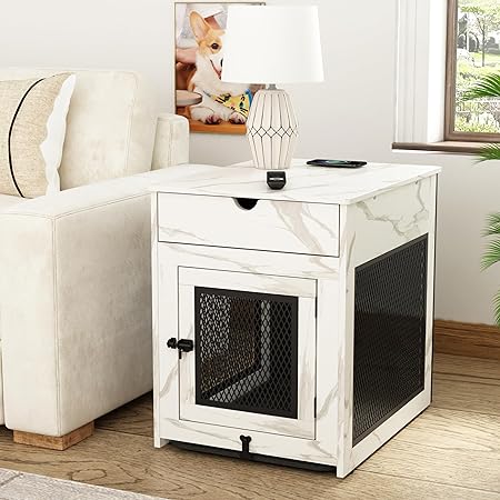 Dog Crate End Table Stylish White Wood with Storage, Cushion & Built-In Chargers