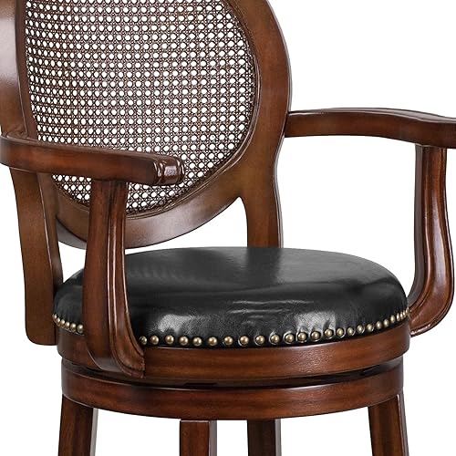 Miniatura 4 de Flash Furniture Victor Taburete de bar de madera Expresso de 30 pulgadas de alto con brazos, respaldo de ratán tejido y asiento giratorio