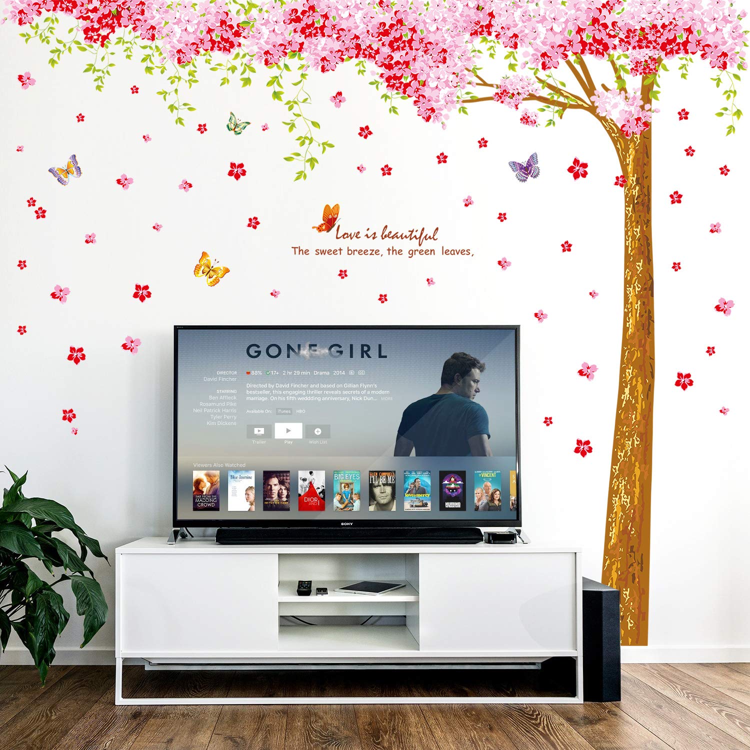 Amaonm Removable Wall Decals - Giant Red Plum Blossom & Birds, 3D Peel & Stick Wall Sticker Decor