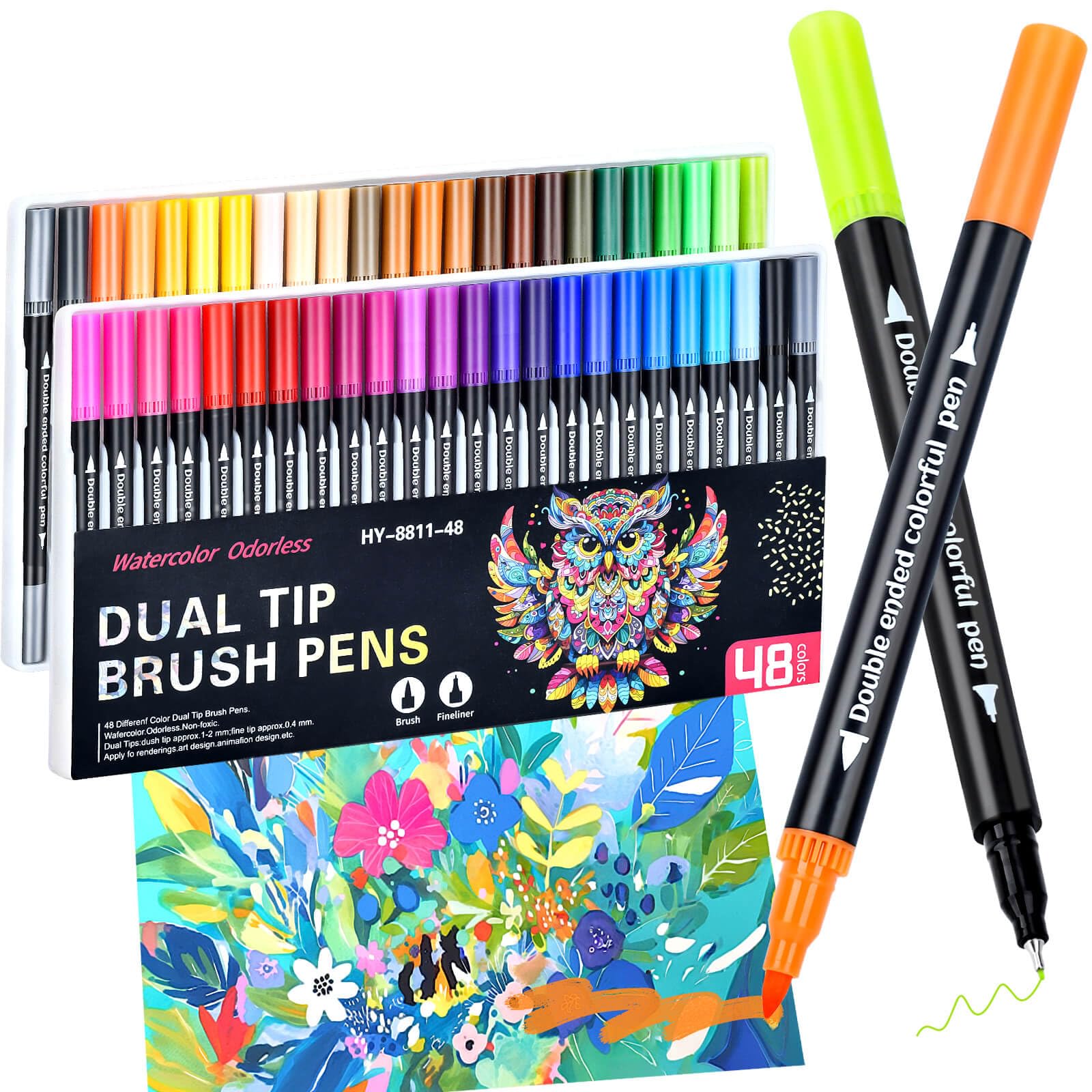 MIN CI 48 Colors Markers, Dual Tip with Fine Tip and Brush Tip Pens for Adult Coloring Book, Dual Brush Coloring Markers, Art Supplies Marker s Kit for Calligraphy, Drawing, DIY Crafts