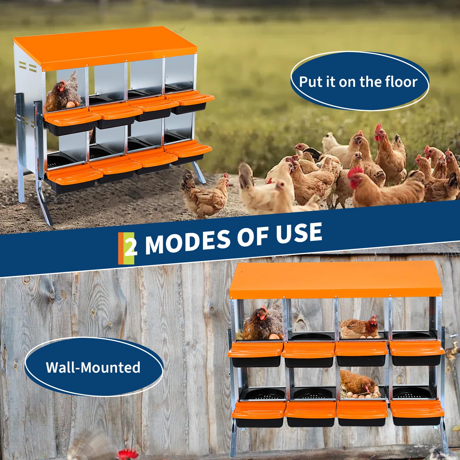 Caja de Anidación Resistente para Gallinas, 6/8 Compartimentos de Acero Galvanizado Antióxido, Tapa Extraíble, Fondo Inclinado (Naranja, 8 Compartimentos - Estructura De Soporte)