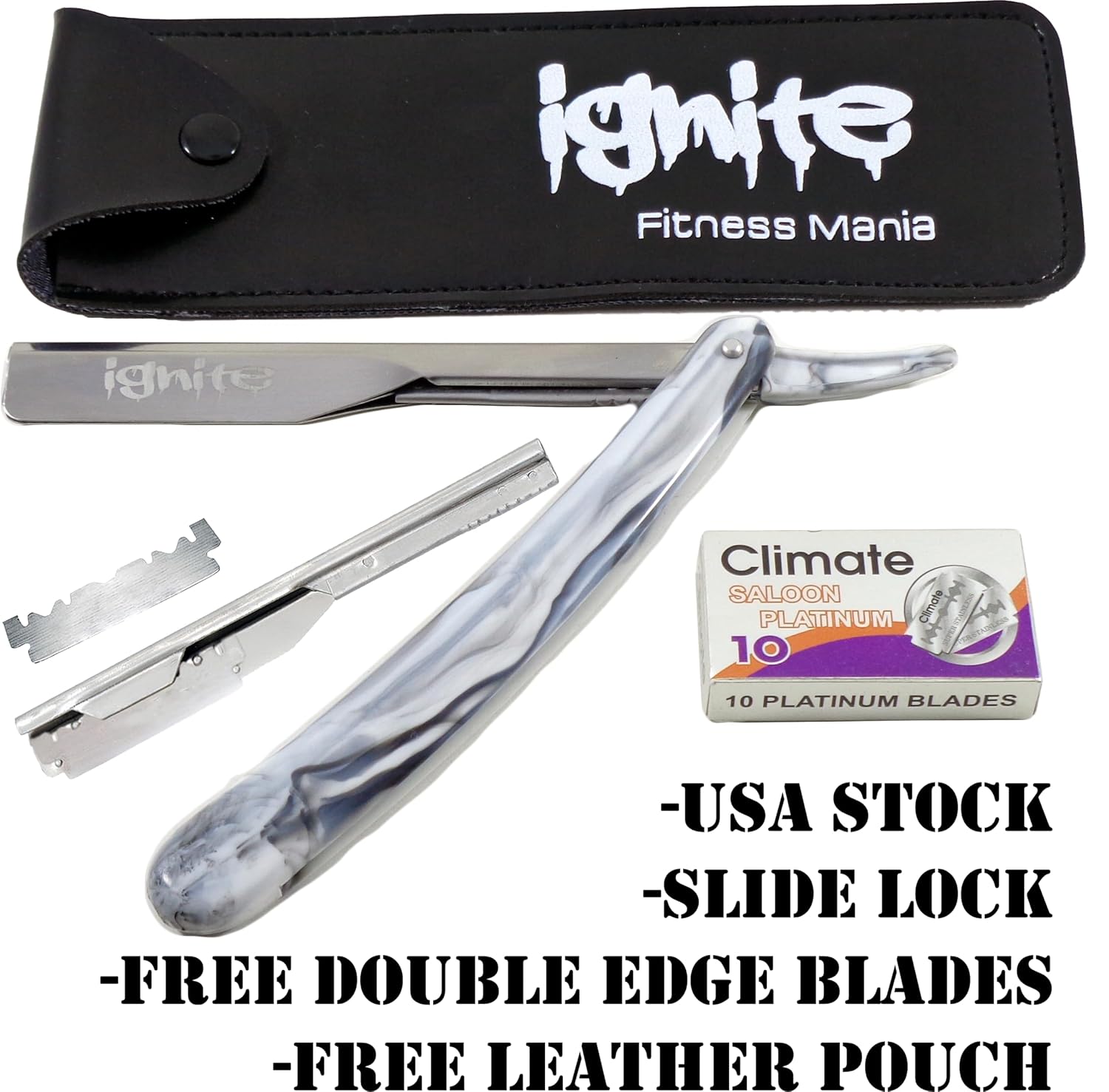 Straight Razor marble design for Smooth Shave with free blades and leather pouch