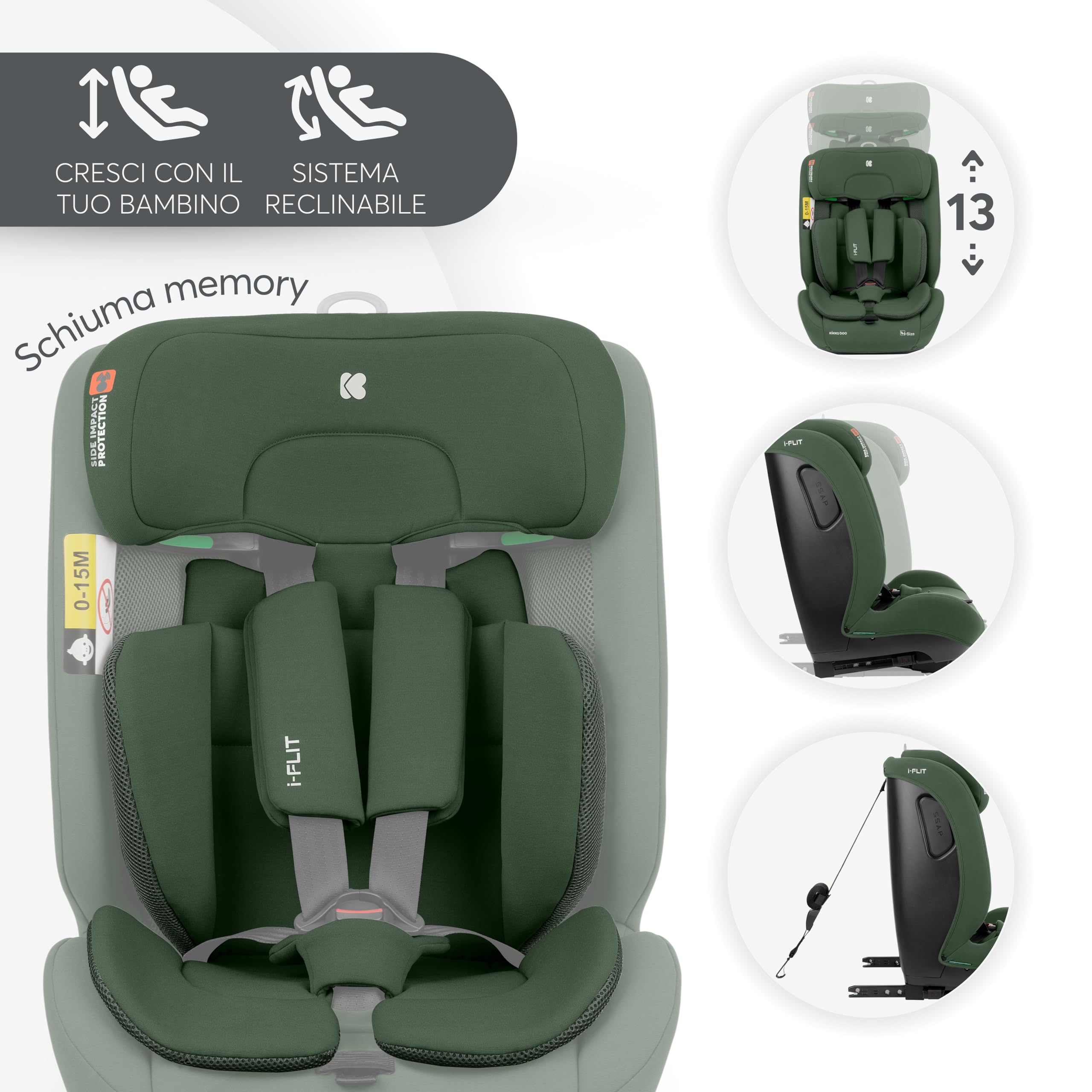 KikkaBoo i-Size i-FLIT, Seggiolino Auto 9-36 kg ISOFIX – Gruppo 1/2/3, Reclinabile, da 15 mesi a 12 anni, Protezione SPS, Top Tether, Poggiatesta Regolabile, Verde militare