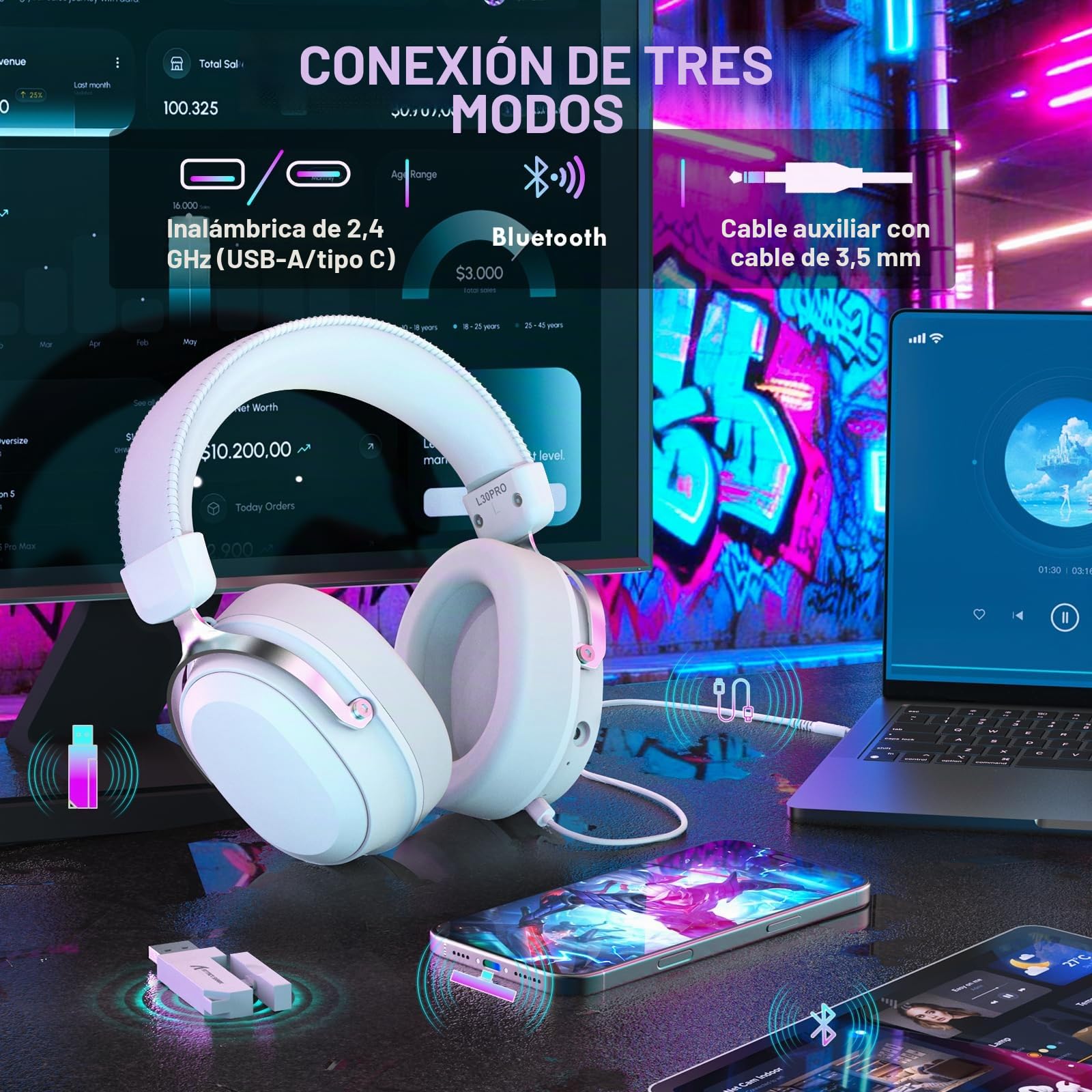 ATTACK SHARK L30PRO Auriculares Gaming Inalámbricos, Sonido Envolvente 7.1, Modos EQ, Drivers 50 mm, Conectividad Tri-Modo, Batería 1100 mAh, Over Ear con Micrófono Desmontable para PC - Blanco