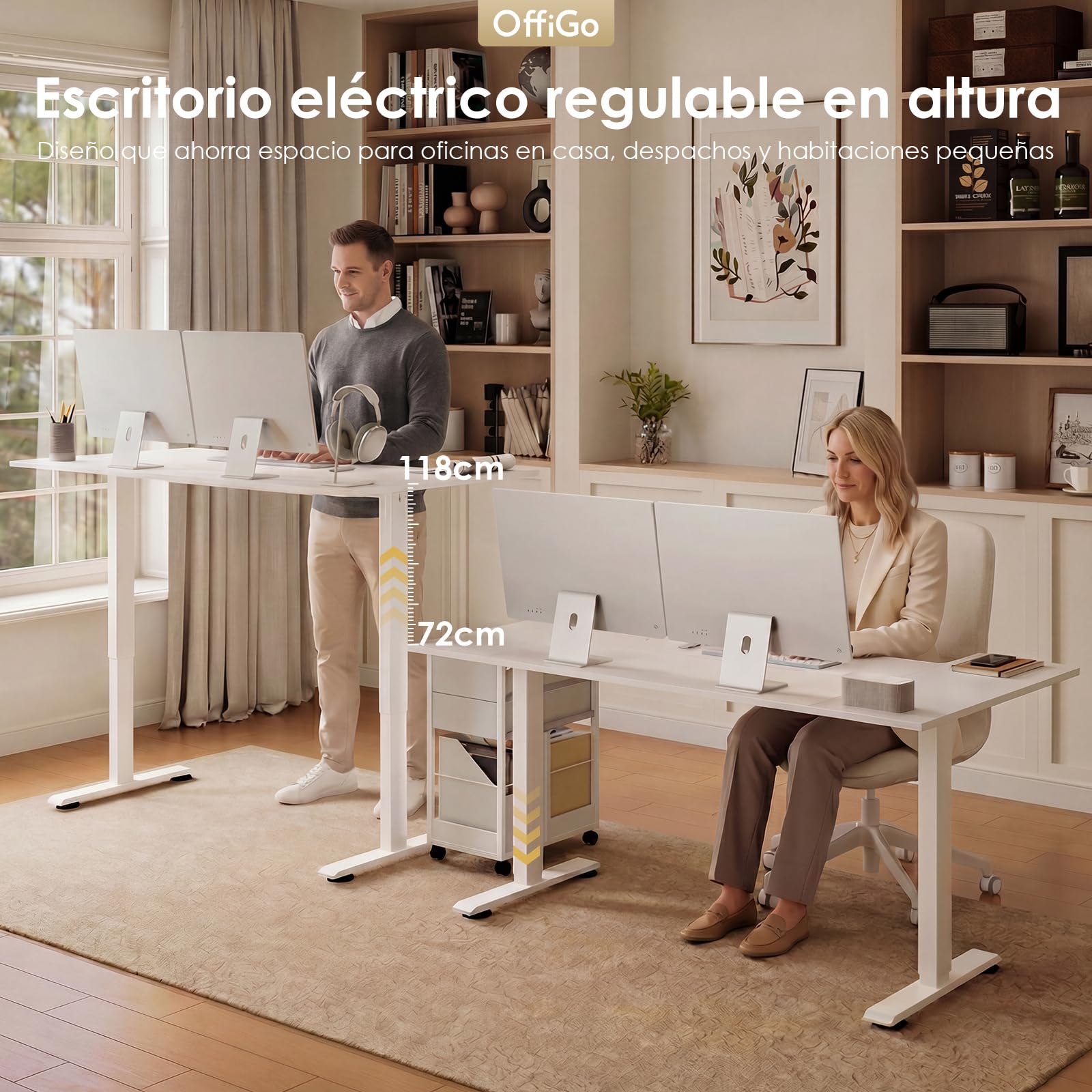 OffiGo Mesa Elevable Escritorio con Memoria, 140×70 cm, Blanco | Cubierta en forma de U, 2 memorias, eescritorio elevable para oficina en casa, mesa regulable 72-119 cm, motor silencioso
