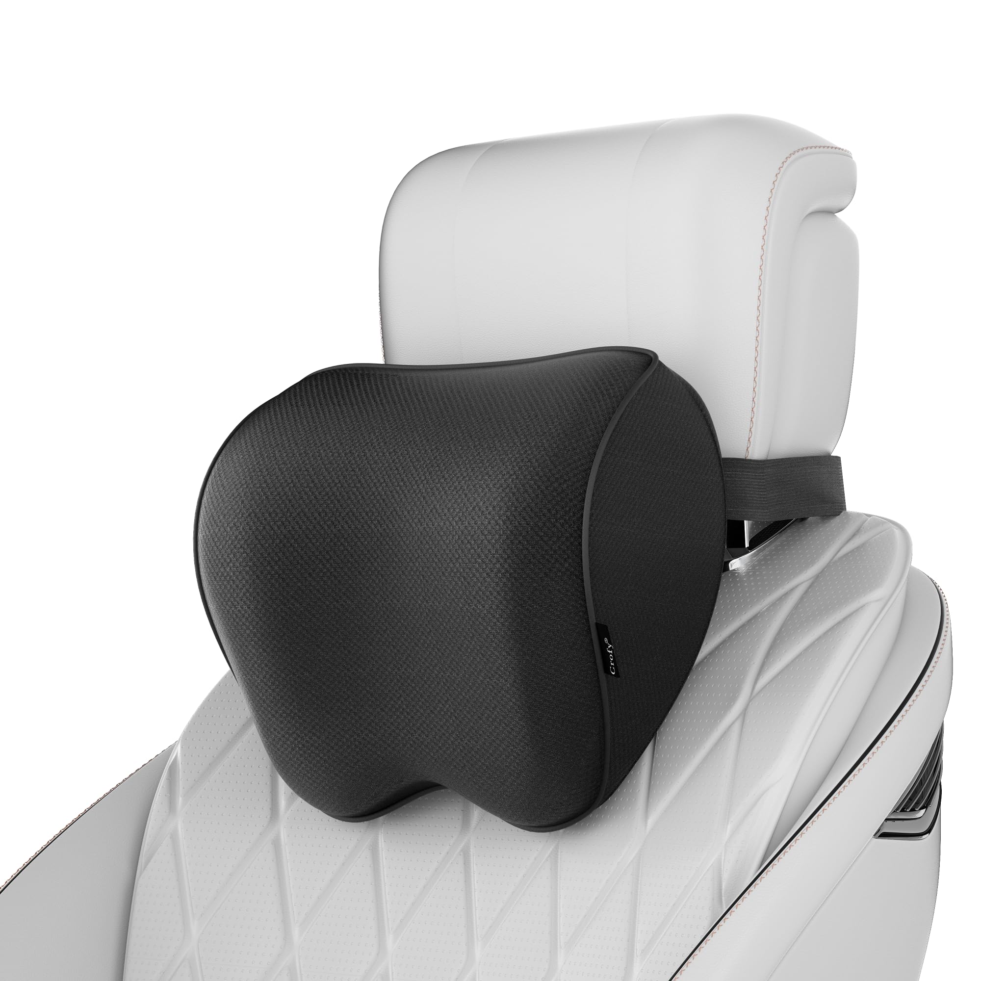 Crofy 1 Pack Car Neck Pillow, Softness Car Headrest Pillow for Driving with Adjustable Strap, 100% Memory Foam and Breathable Removable Cover, Comfortable Ergonomic Design (Black Side Rope)