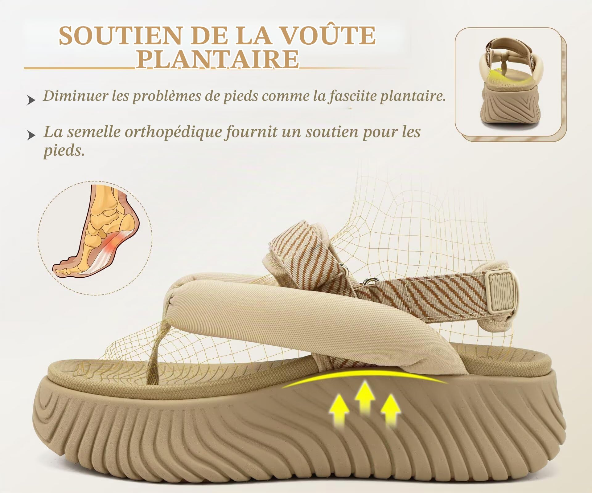 COFACE Orthopedique Sandales Randonnée Femme Sport et d'extérieur Confortable été Plage Piscine Plateforme Tong Réglables Léger Antidérapante Soutien Voûte Plantaire Tongues