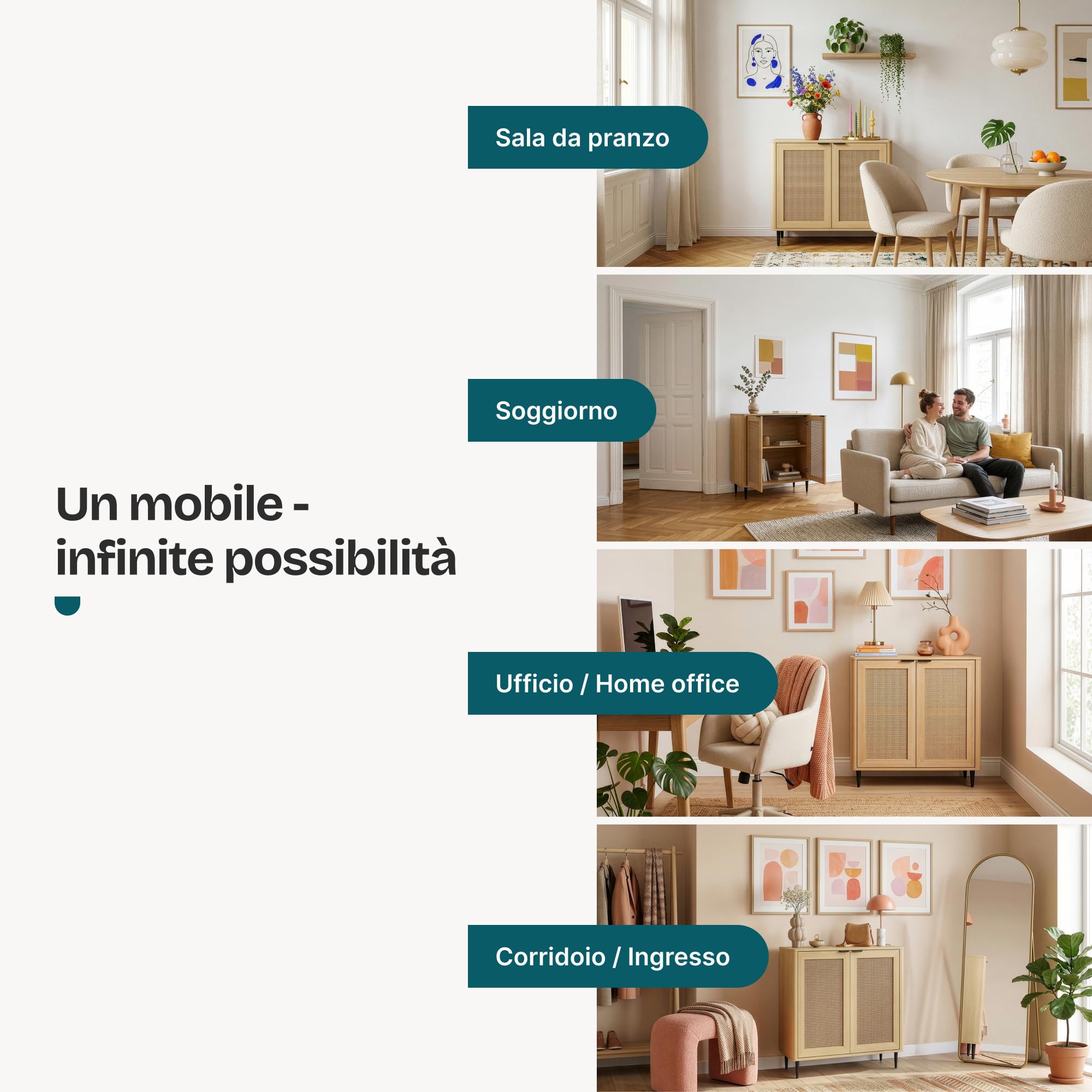 [en.casa] Credenza Bassa Ante con Inserto Intreccio Effetto Rattan Armadio Basso Madia Moderna per Soggiorno Ingresso Sala da Pranzo 83 x 80 x 40 cm Effetto Rovere