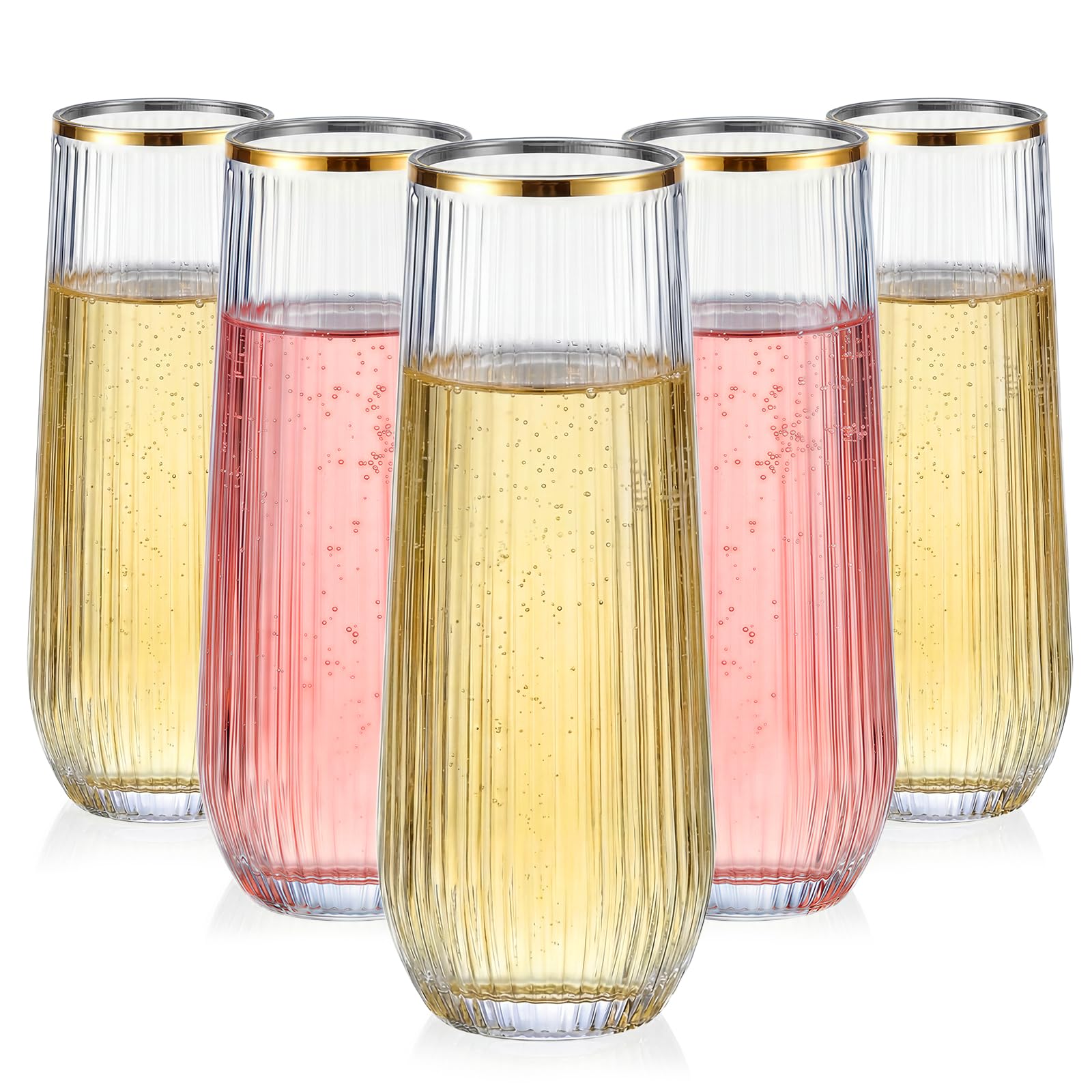 GuanQiao 24 Pack 9oz Stemless Plastic Champagne Flutes with Gold Rim