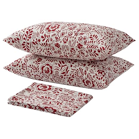 Ikea Cotton Flat Sheet & 2 Pillowcase, White/Red 240x260/50x80 cm (94x102/20x32)