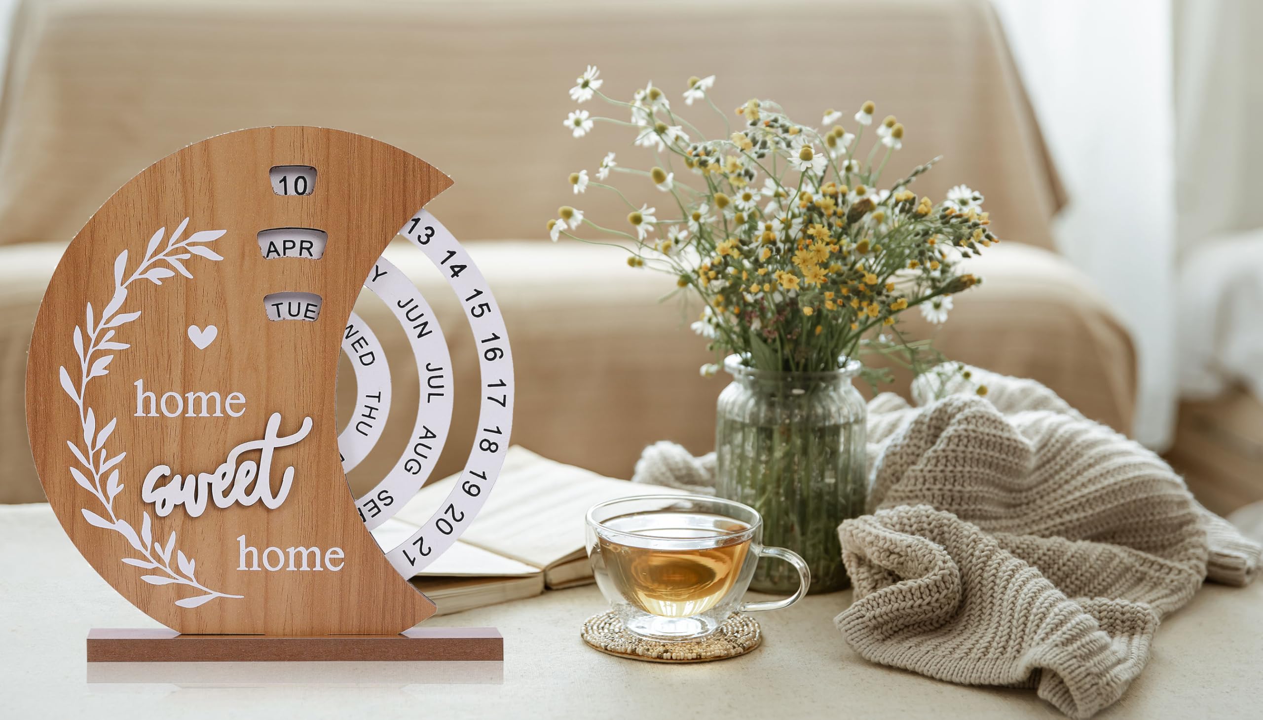 Habbiful Wooden Perpetual Desk Calendar for Teacher Appreciation Gifts Vintage Rotating Wooden Block Calendar for Home Office Desk (Moon Calendar) - Image 6